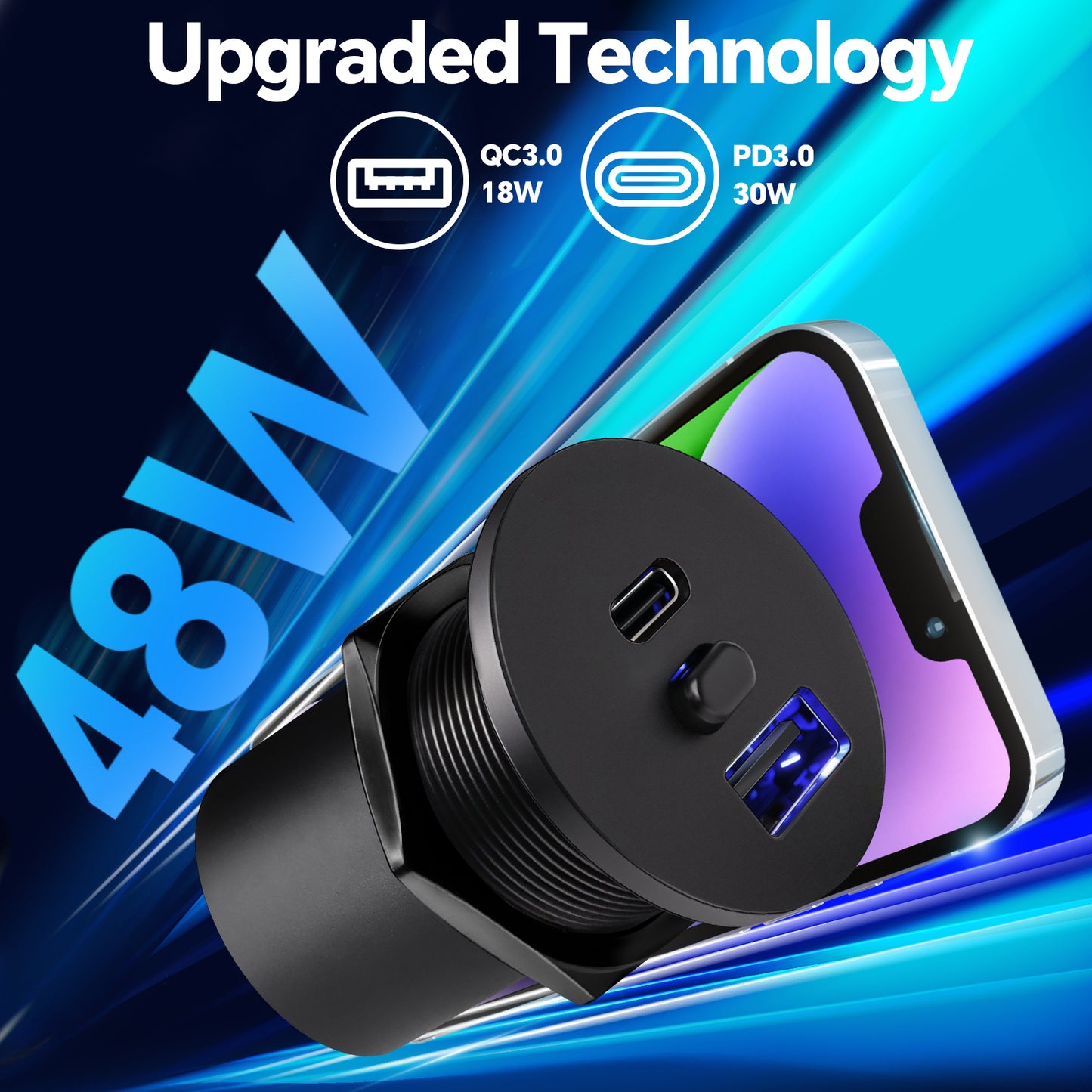 USB Socket 12V Outlet Aluminum with Switch& Blue Backlight, PD3.0 & QC3.0 Fast Charging Type A + Type C for RV Boat Bus Car Golf Truck Van, 2 Pack