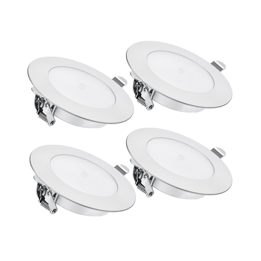 12V LED Puck Light, RV Boat Recessed Ceiling Light Under Cabinet with Press Dimmer, Dimmable White Light & Blue Nightlight, 3-1/4” Full Aluminum 4-Pack
