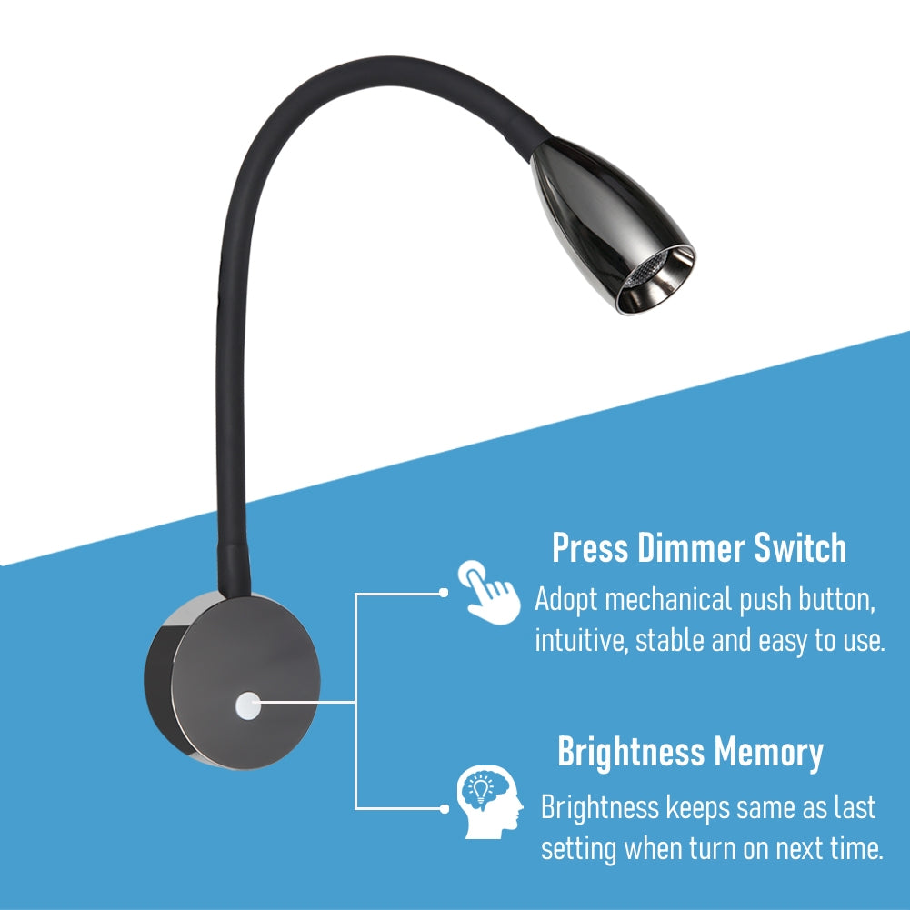 12V LED Reading Light RV Boat Flexible Gooseneck Built-in USB Quick Charger, DC12-24V, Hard-wired Glossy black