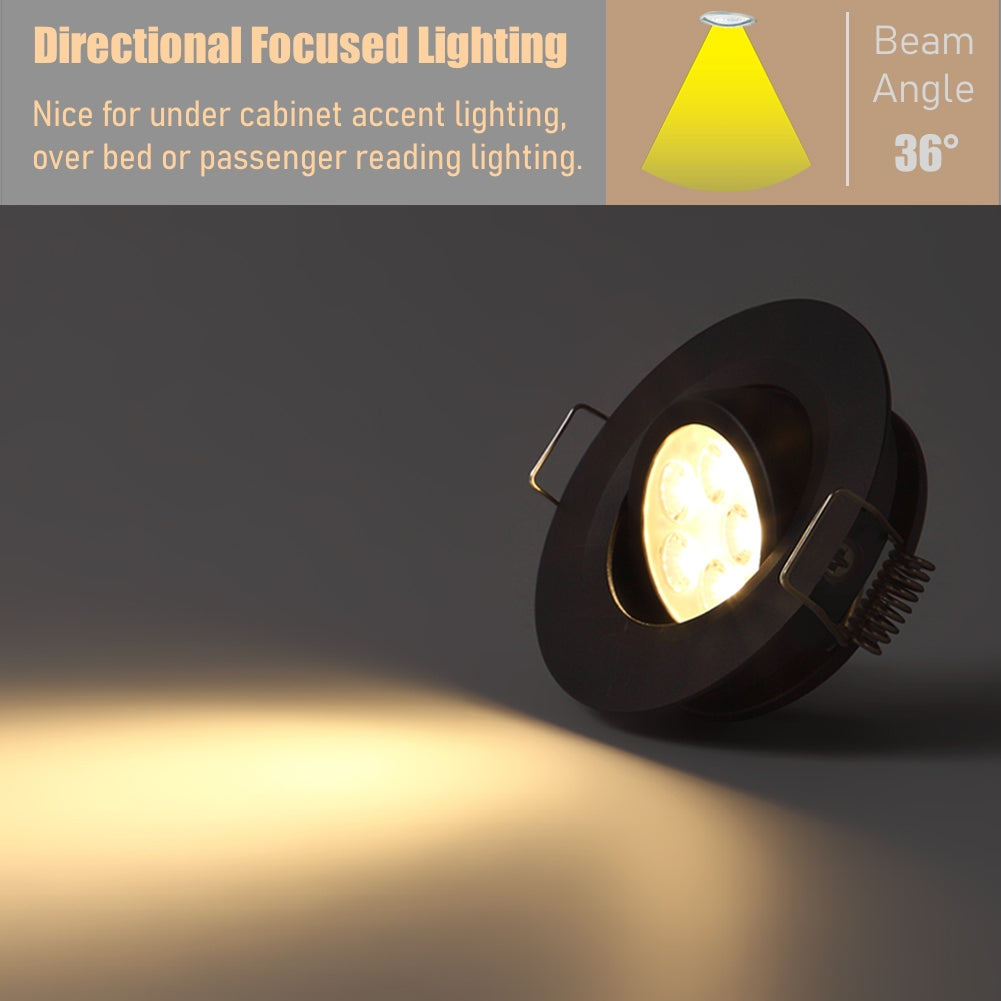 12V LED Puck Light RV Swivel Recessed Spotlight 36° Beam Angle Vertical 70° Adjustment,Full Aluminum Diameter 2-3/4 Inch Black