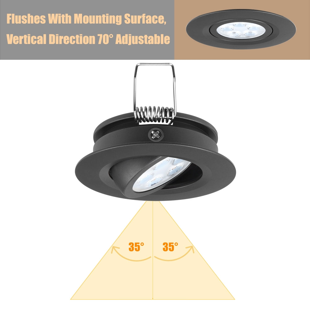 12V LED Puck Light RV Swivel Recessed Spotlight 36° Beam Angle Vertical 70° Adjustment,Full Aluminum Diameter 2-3/4 Inch Black
