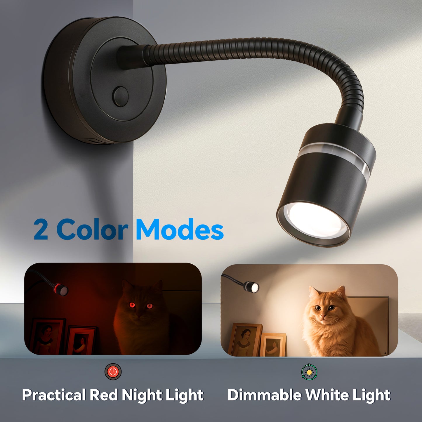 RV 12V LED Reading Light Dimmable 4000K & Red Nightlight Built-in 20W Type-C Charger Flexible Gooseneck, 12 Volt Bedside Lamp for Boat Motorhome Caravan, Surface Mount 2 Pack