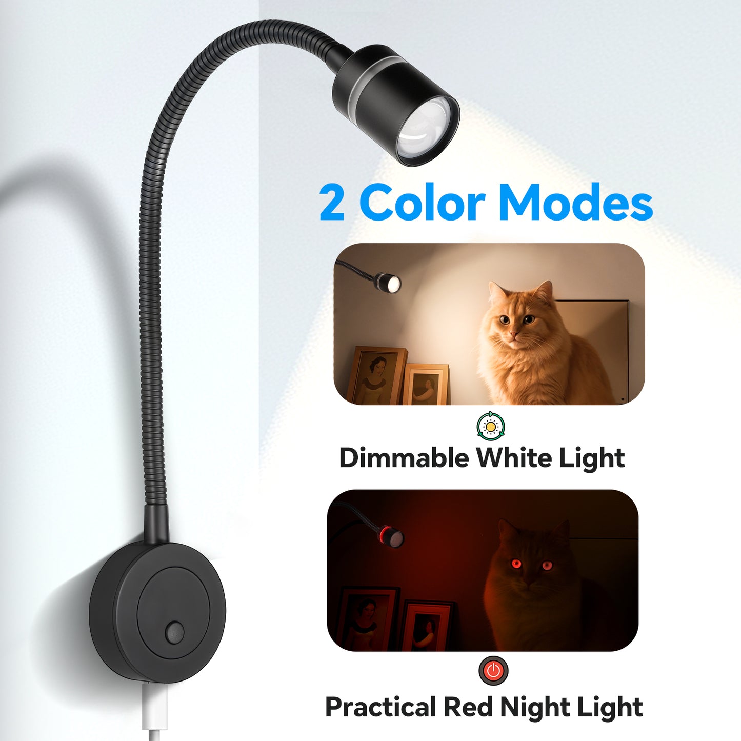 RV 12V LED Reading Light 4000K & Red Nightlight Built-in 20W Type-C Charger Flexible Gooseneck, Dimmable Bedside Lamp for Boat Motorhome Caravan, Hard-Wired Surface Mount