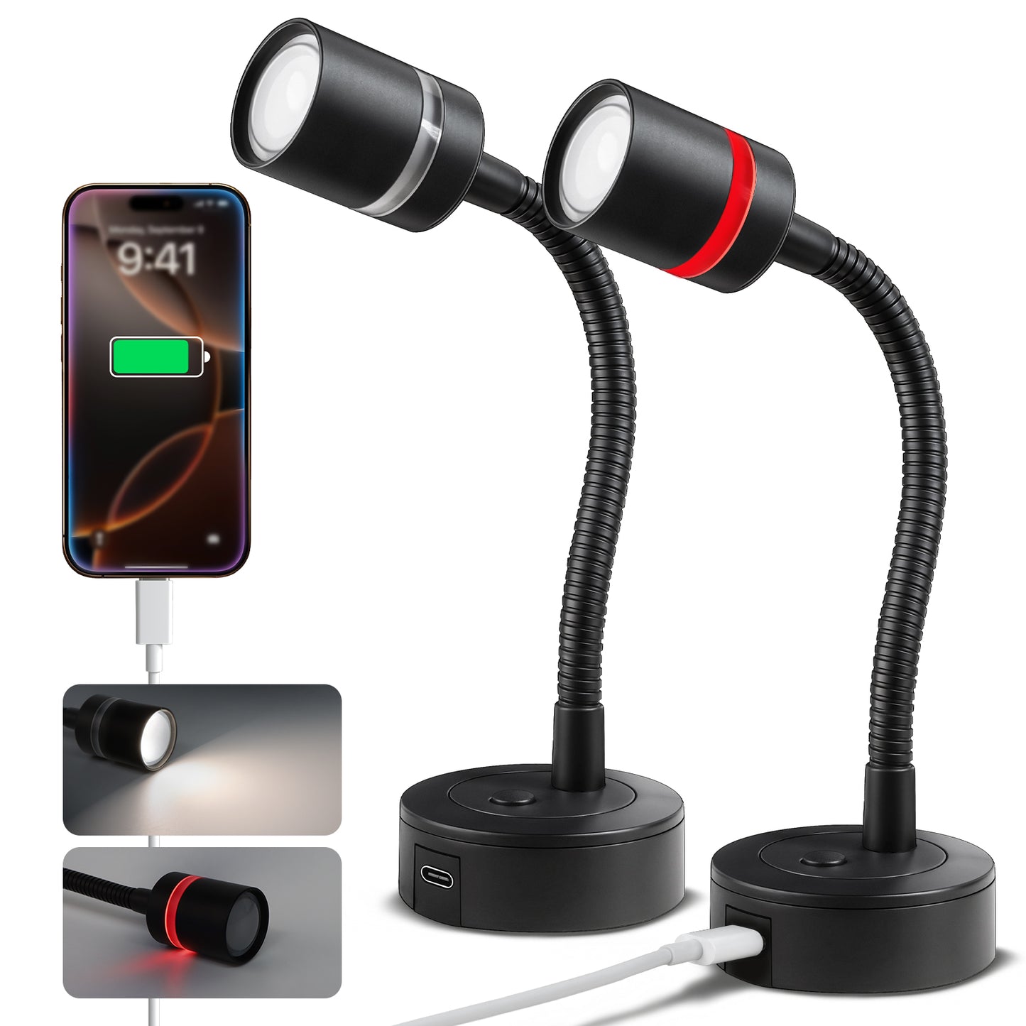 RV 12V LED Reading Light Dimmable 4000K & Red Nightlight Built-in 20W Type-C Charger Flexible Gooseneck, 12 Volt Bedside Lamp for Boat Motorhome Caravan, Surface Mount 2 Pack