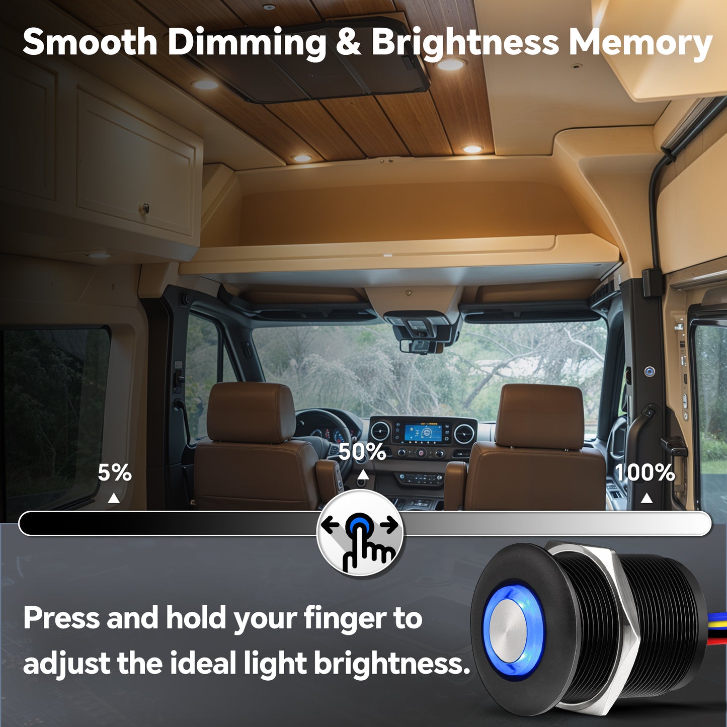 12V PWM Dimmer Switch Recessed Mount All Aluminum Push Button Dimming Switch, Blue Backlight 22mm Drill Hole 6A
