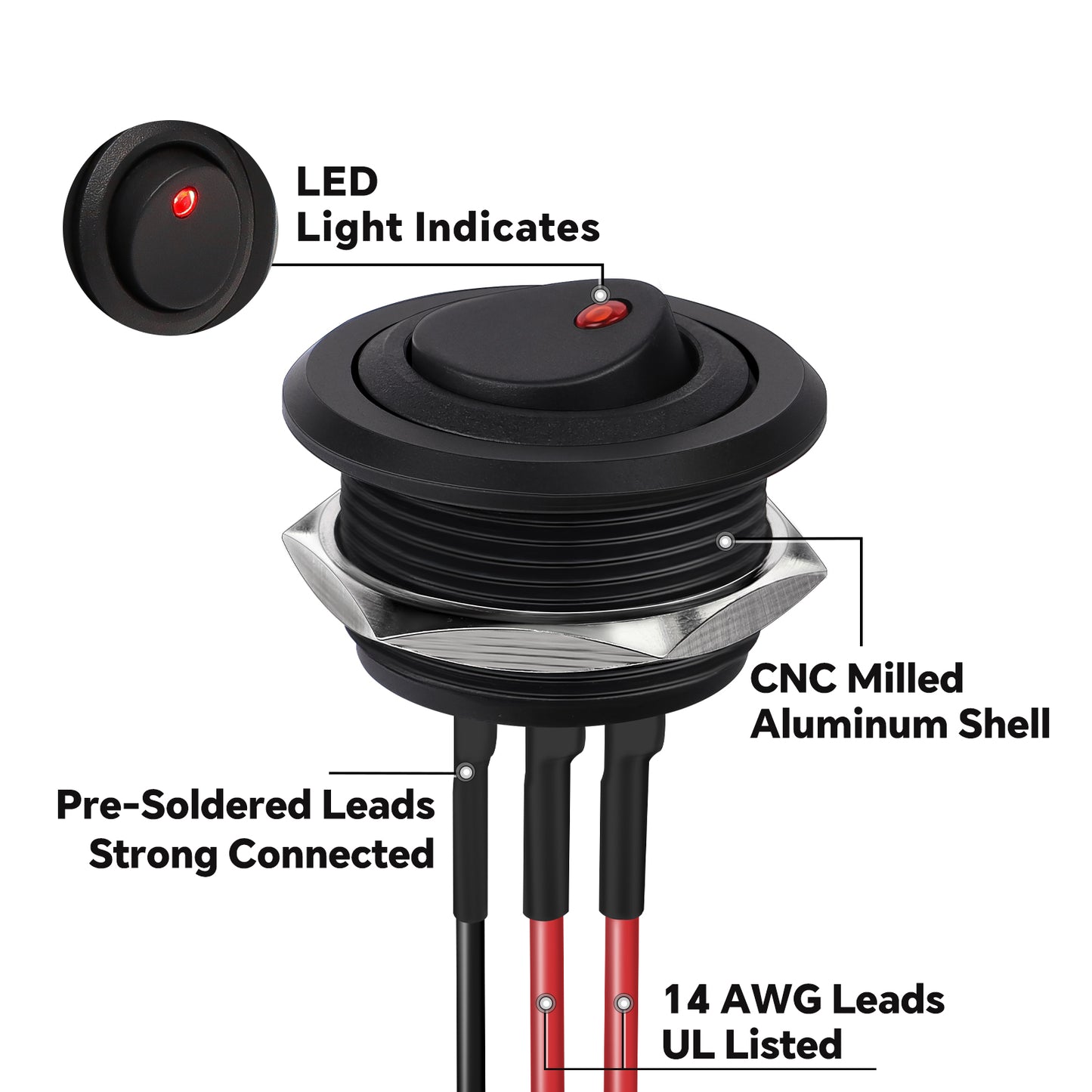 12V ON/OFF Aluminum Rocker Toggle Switch Round 20A SPST Switch, 14 AWG Pre-wired Leads for Campervan Boat Truck Car Auto, 1” 25mm Drill Hole, Nut Fastening Mount