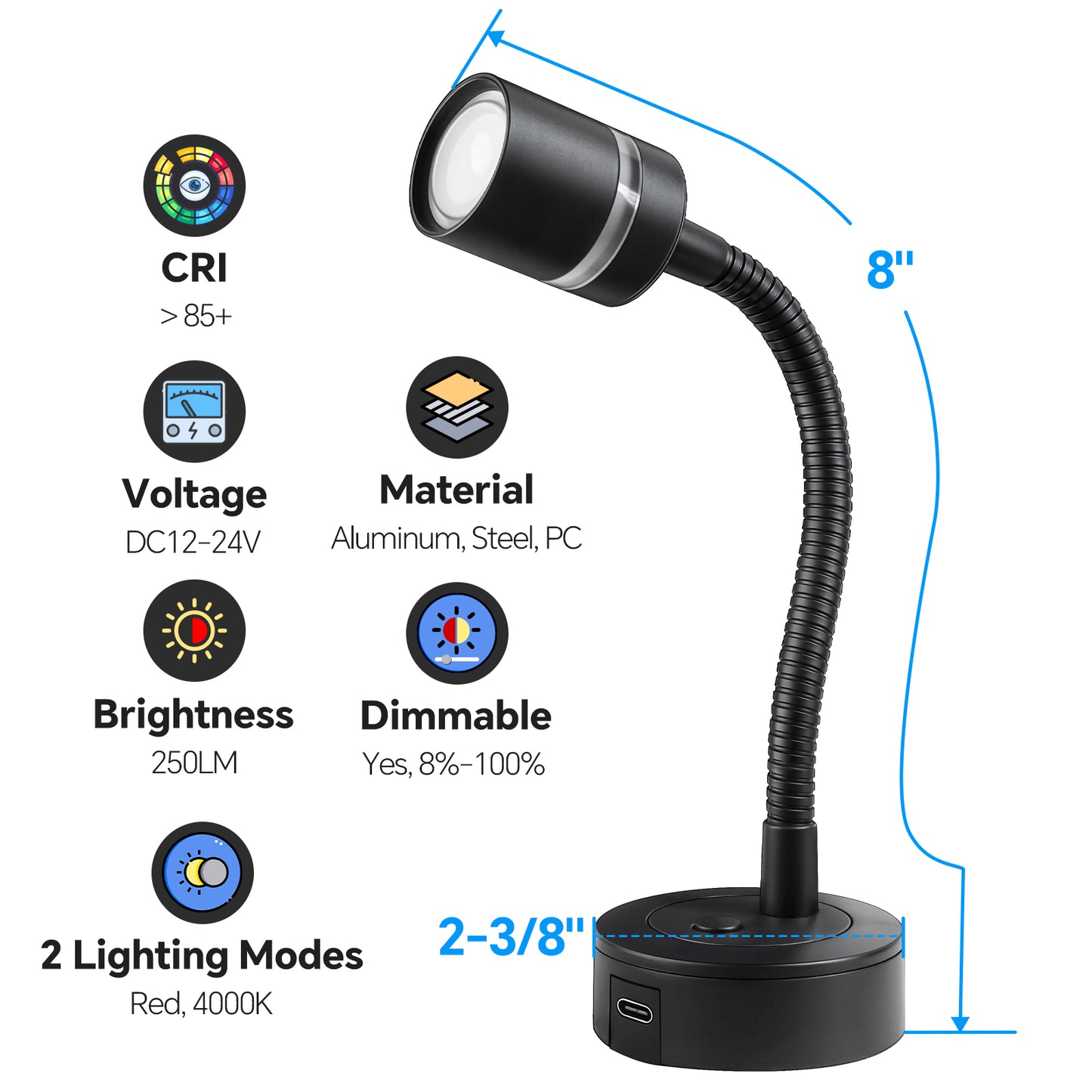 RV 12V LED Reading Light Dimmable 4000K & Red Nightlight Built-in 20W Type-C Charger Flexible Gooseneck, 12 Volt Bedside Lamp for Boat Motorhome Caravan, Surface Mount 2 Pack