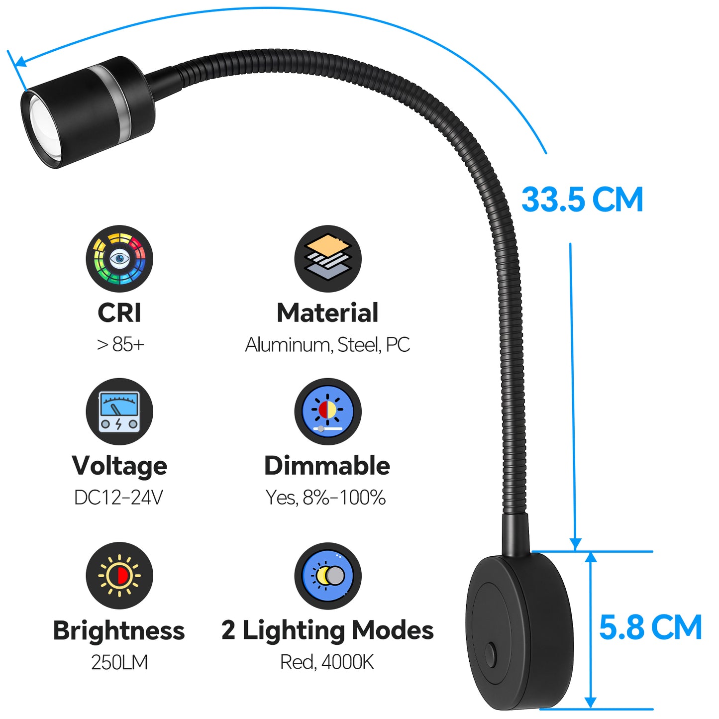 RV 12V LED Reading Light 4000K & Red Nightlight Built-in 20W Type-C Charger Flexible Gooseneck, Dimmable Bedside Lamp for Boat Motorhome Caravan, Hard-Wired Surface Mount