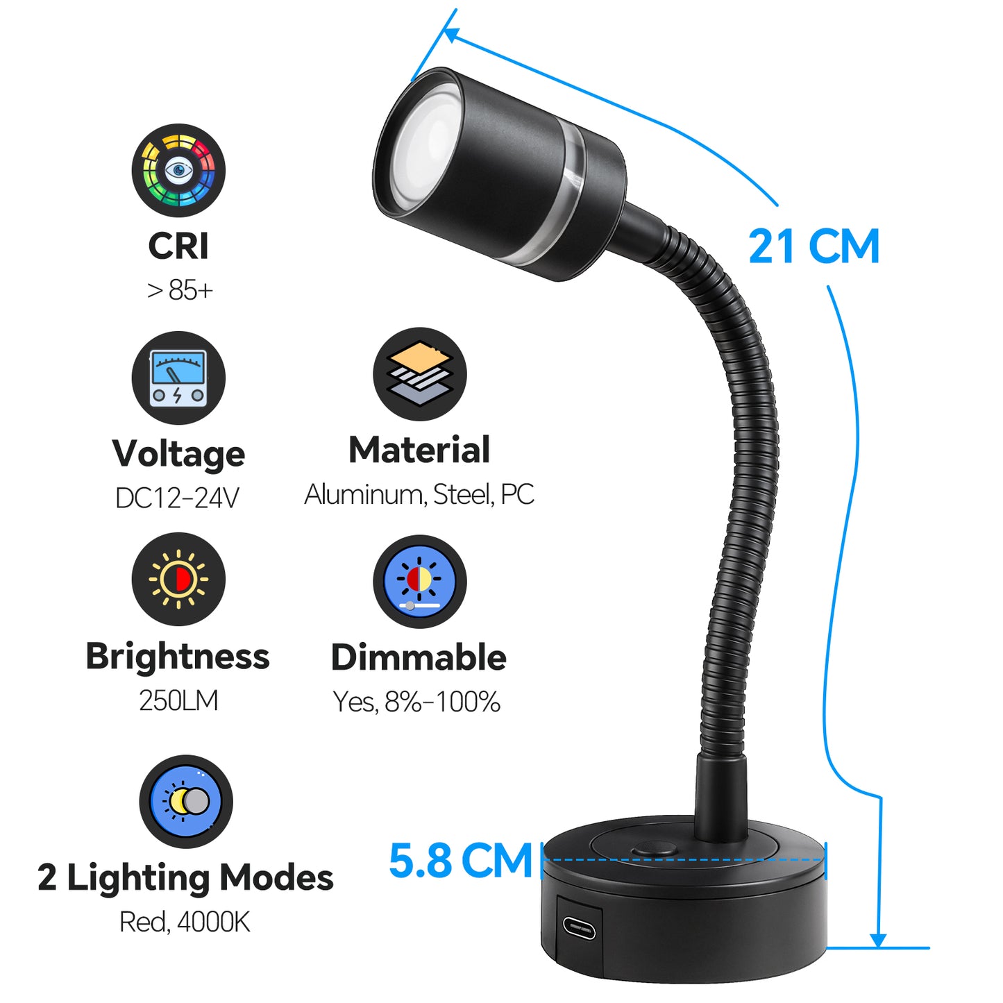 RV 12V LED Reading Light Dimmable 4000K & Red Nightlight Built-in 20W Type-C Charger Flexible Gooseneck, 12 Volt Bedside Lamp for Boat Motorhome Caravan, Surface Mount 2 Pack