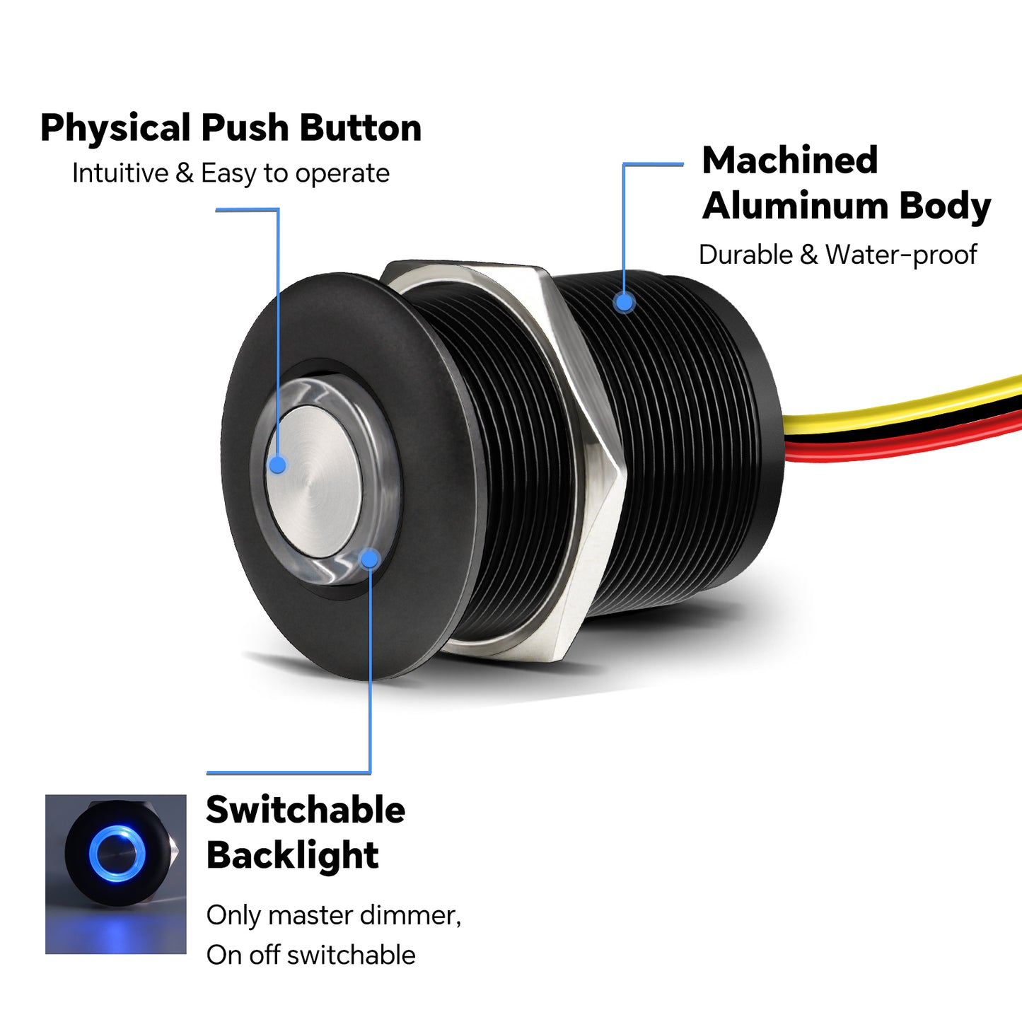 12V PWM Dimmer Switch Recessed Mount All Aluminum Push Button Dimming Switch, Blue Backlight 22mm Drill Hole 6A