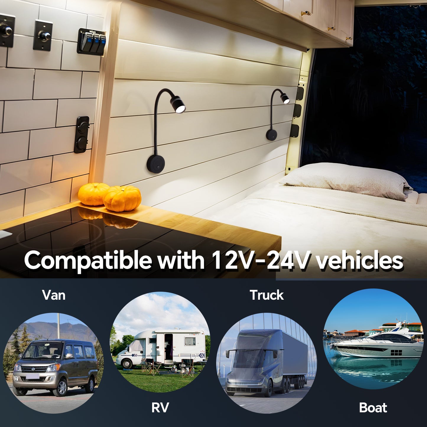 RV 12V LED Reading Light 4000K & Red Nightlight Built-in 20W Type-C Charger Flexible Gooseneck, Dimmable Bedside Lamp for Boat Motorhome Caravan, Hard-Wired Surface Mount