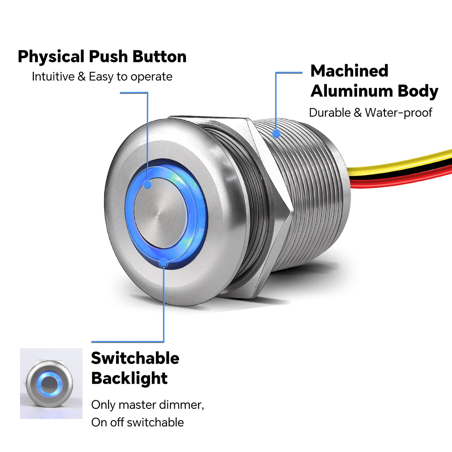 12V PWM Dimmer Switch Recessed Mount All Aluminum Push Button Dimming Switch, Blue Backlight 22mm Drill Hole 6A