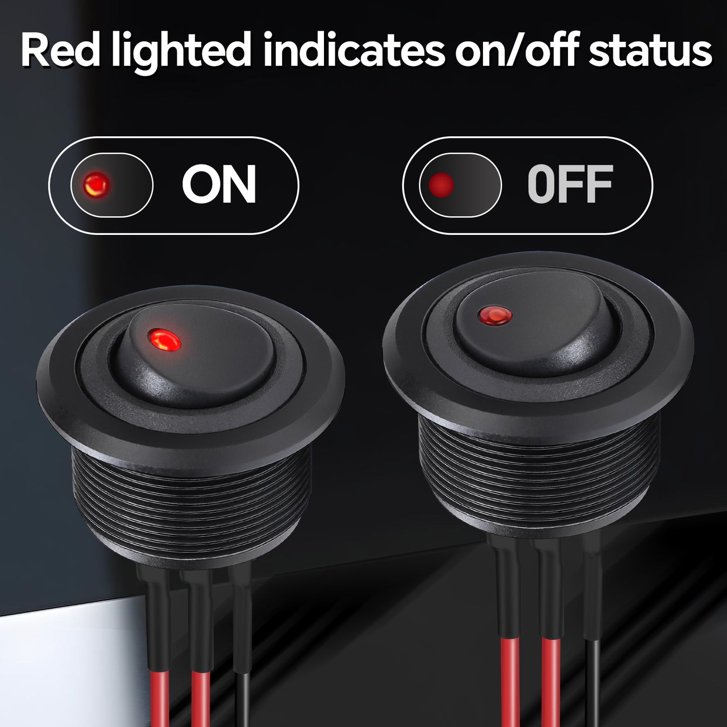 12V ON/OFF Aluminum Rocker Toggle Switch Round 20A SPST Switch, 14 AWG Pre-wired Leads for Campervan Boat Truck Car Auto, 1” 25mm Drill Hole, Nut Fastening Mount