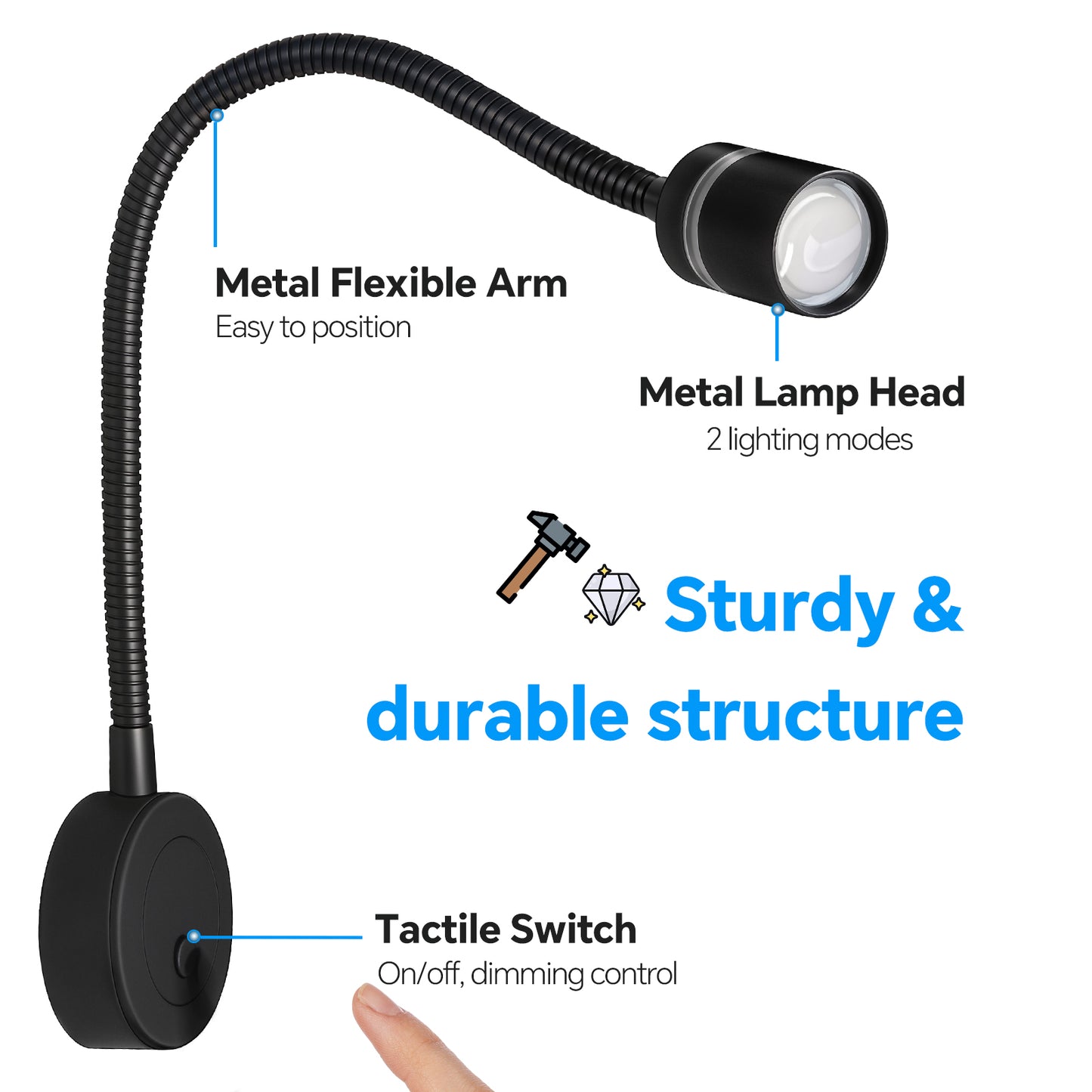 RV 12V LED Reading Light 4000K & Red Nightlight Built-in 20W Type-C Charger Flexible Gooseneck, Dimmable Bedside Lamp for Boat Motorhome Caravan, Hard-Wired Surface Mount