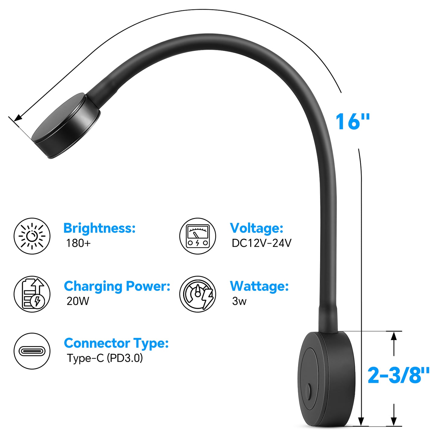12V LED Reading Light RV Boat Flexible Gooseneck, for Camper Van Travel Trailer Truck, Built-in Press Dimmer Switch & Type-C Charger