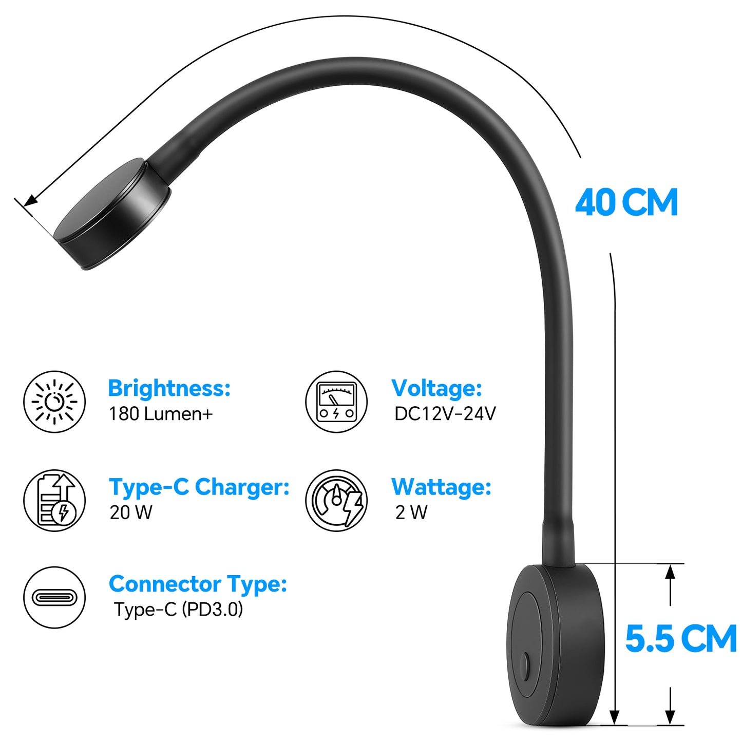 12V LED Reading Light RV Boat Flexible Gooseneck, for Camper Van Travel Trailer Truck, Built-in Press Dimmer Switch & Type-C Charger