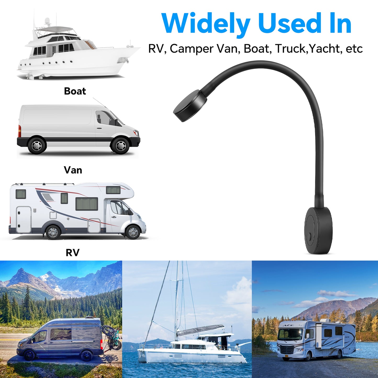 12V LED Reading Light RV Boat Flexible Gooseneck, for Camper Van Travel Trailer Truck, Built-in Press Dimmer Switch & Type-C Charger