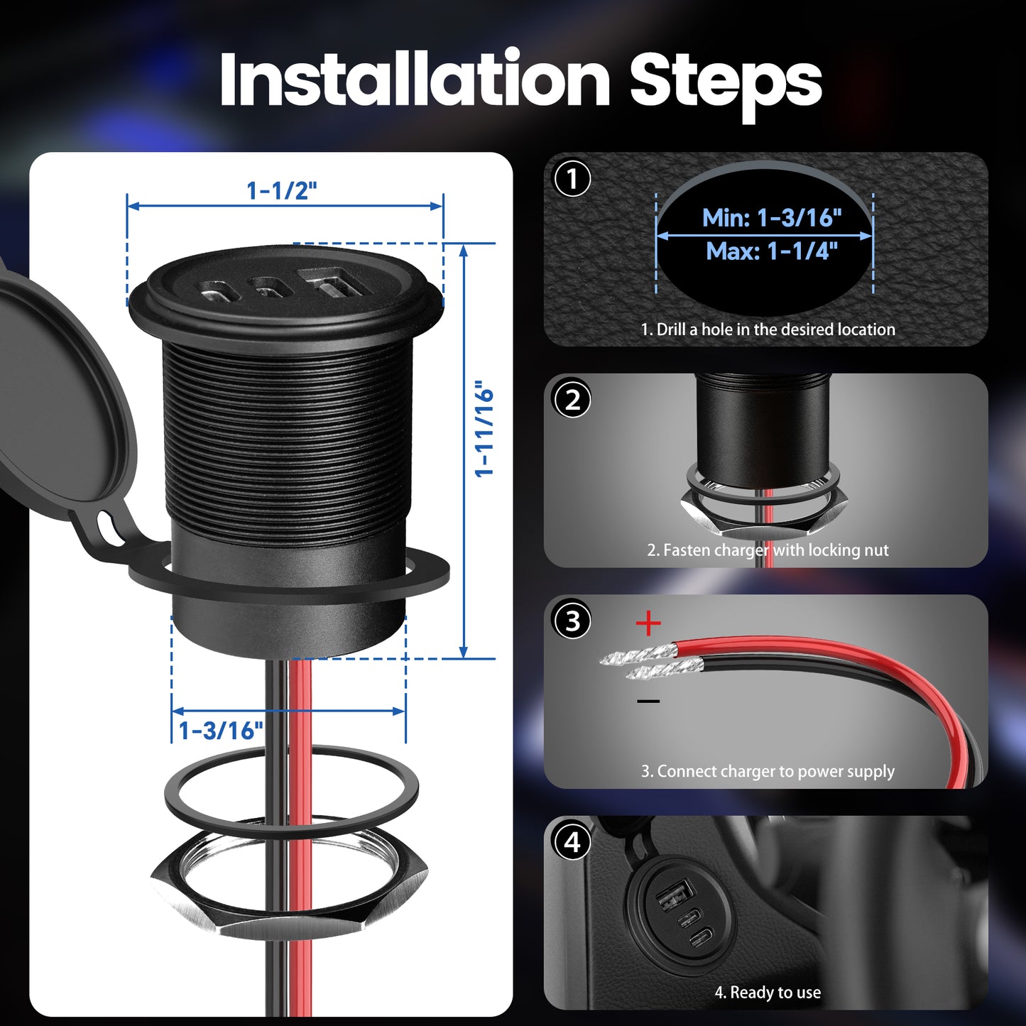 68W 3 Port 12V USB Outlet, Dual PD3.0 Type-C & QC3.0 USB Aluminum Car Charger, Multi Port USB