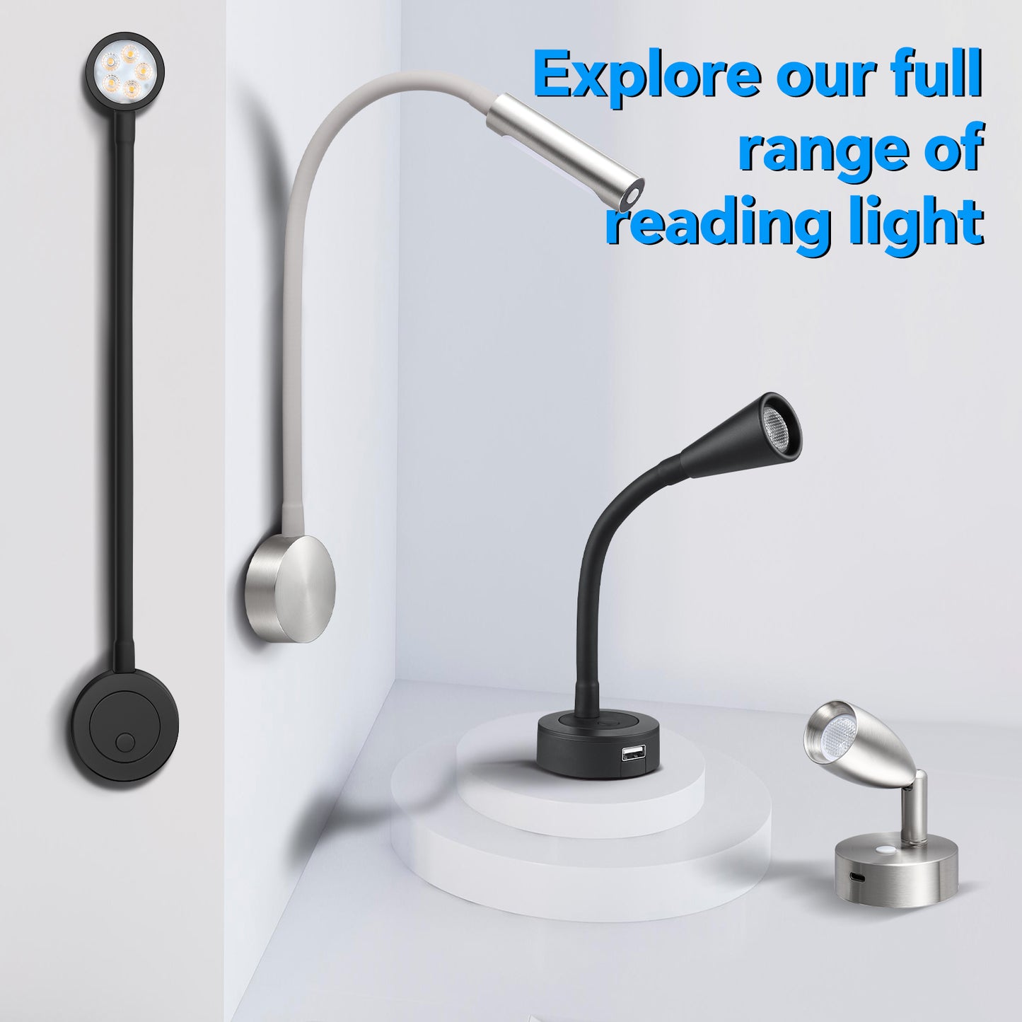 12V LED Reading Light RV Boat Flexible Gooseneck, for Camper Van Travel Trailer Truck, Built-in Press Dimmer Switch & Type-C Charger