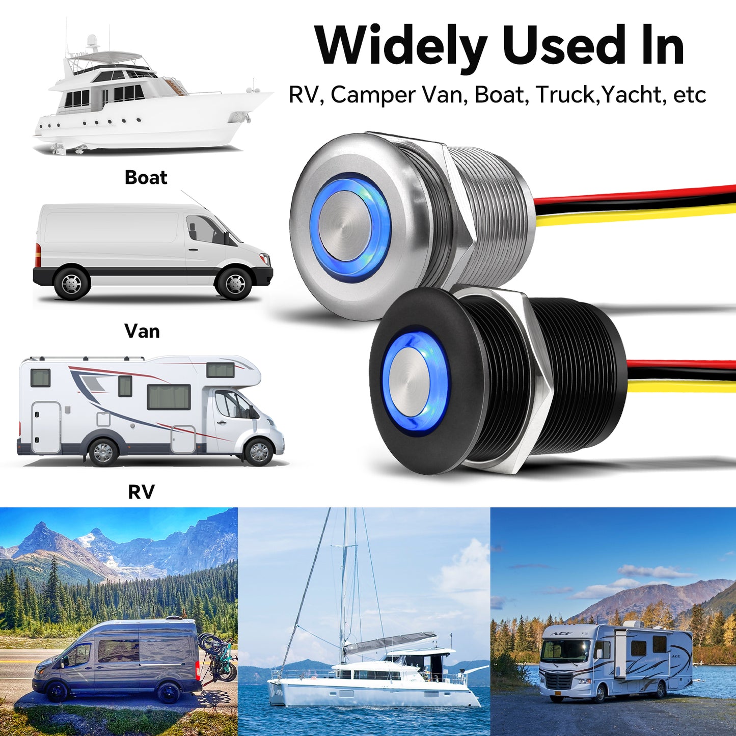 12V PWM Dimmer Switch Recessed Mount All Aluminum Push Button Dimming Switch, Blue Backlight 22mm Drill Hole 6A