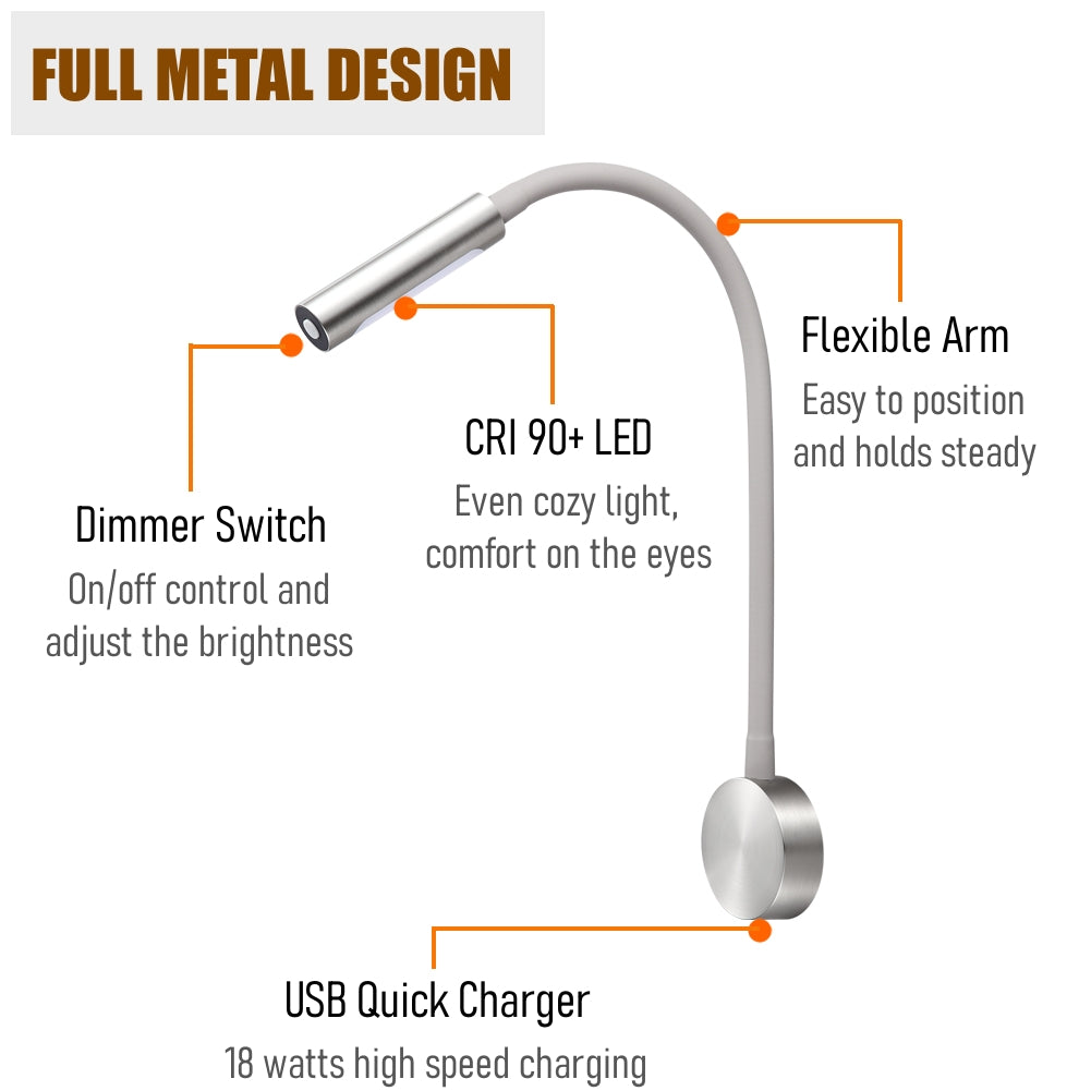 12V LED Reading Light RV Boat LED Inbuilt USB Charger & Red Night Light Flexible Gooseneck Wall Lamp for Caravan Boat, 4000K Hard-wired