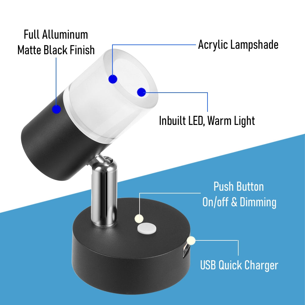 12V LED Reading Light, RV Bedside Swivel Wall Lamp Built-in High-Speed USB Charger, Frosted Acrylic Press Dimmer Switch, Black