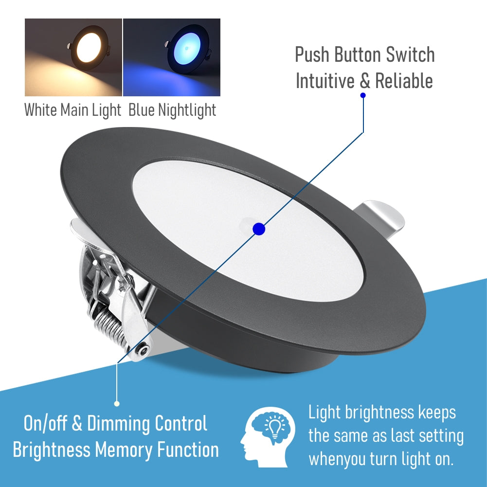 12V LED Puck Light, RV Boat 12V Recessed Ceiling Light Under Cabinet with Press Dimmer, Dimmable White Light & Blue Nightlight, 3-1/4” Full Aluminum 4-Pack