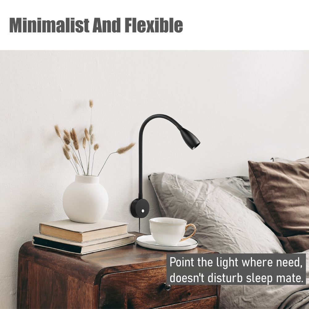 acegoo Minimalist Wall Mounted Bedside Reading Light Flexible Gooseneck Lamp with USB Charger, Headboard Dimmable Book Light-in Power Adapter