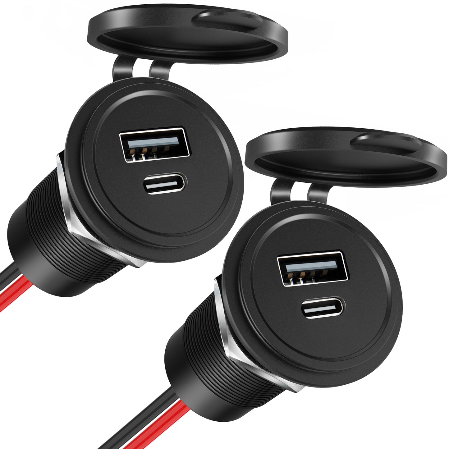 12V USB Outlet 30W PD USB-C & 18W QC3.0 Aluminum Car Charger, Hole 1"(25mm)