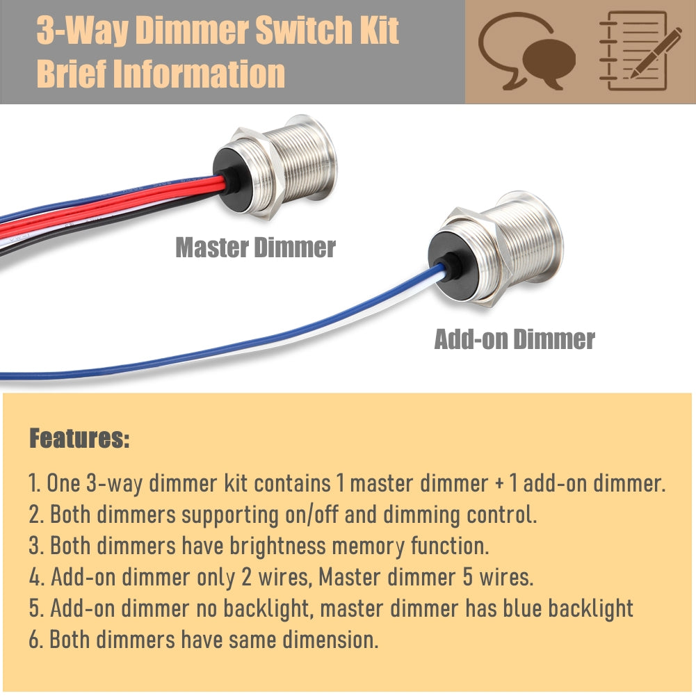 12V Three Way Dimmer Switch Kit,  12V Light Dimmer For RV Van Boat Van Trailer Interior Lighting, Hole 19mm Stainless 3-Way Dimmer for Dimmable LED Light