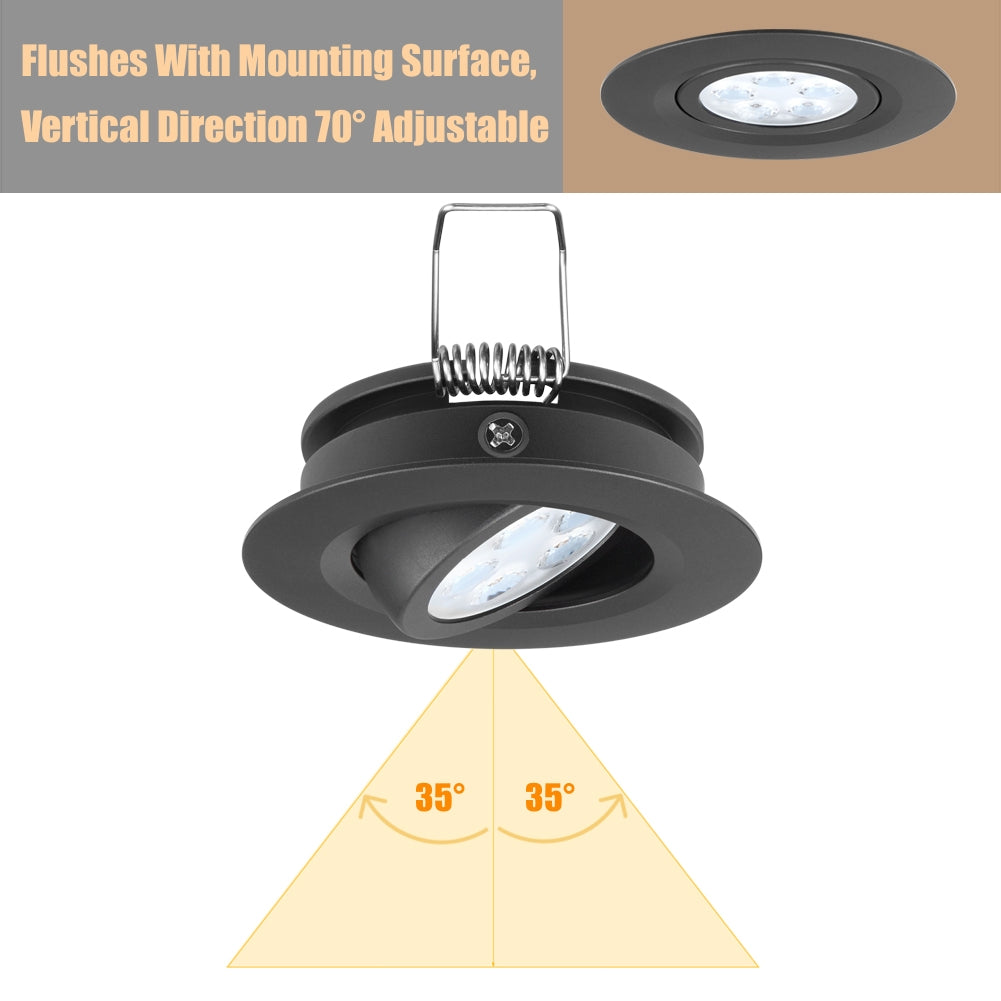 12V Swivel RV Recessed Puck Light LED Spotlight RV Interior, 36° Beam Angle Vertical 70° Adjustment,Full Aluminum Diameter 2-3/4 Inch Black