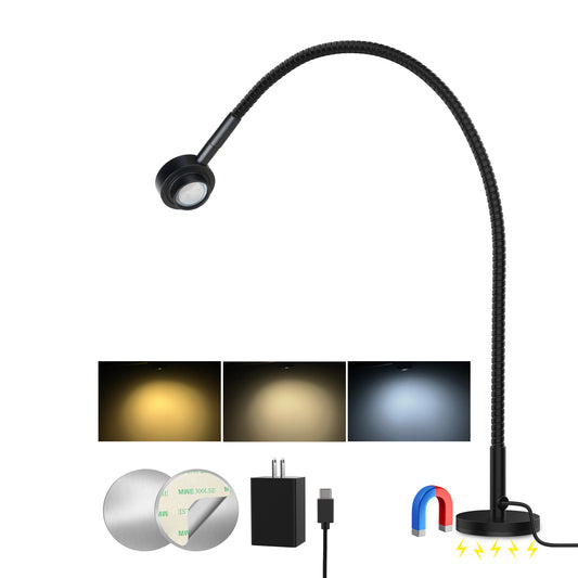 Flexible Reading Light,Book Light,Desk Lamp,Magnetic Base,3 Color Dimmable Gooseneck LED CRI95+ USB-C Adapter Included