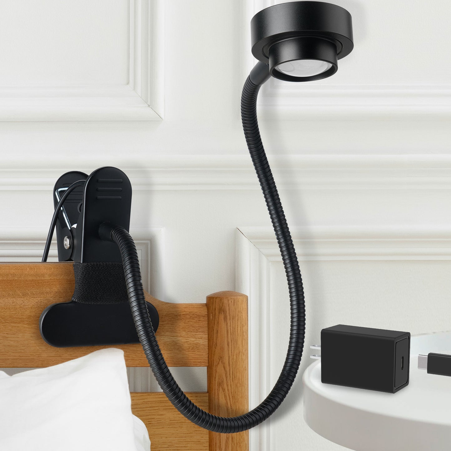 Clip On Reading Light, 3 Color Mode Dimmable LED Book Light, Flexible GooseneckEye-Care CRI95+,USB-C Adapter Included