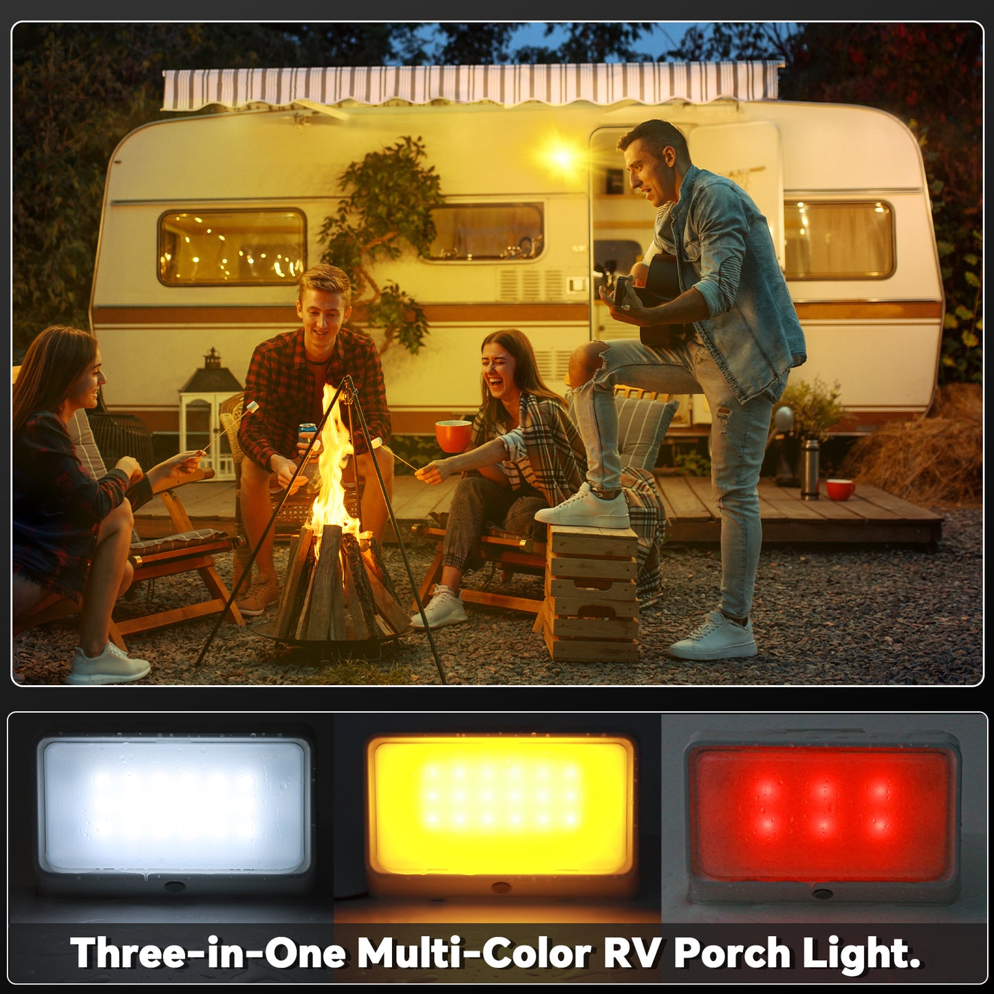 RV 12V Exterior Porch Light with 3 Lighting Modes (1800K, 6500K, Red) - On/Off Switch, IP65 for Boat Truck Motorhome & 5th Wheels