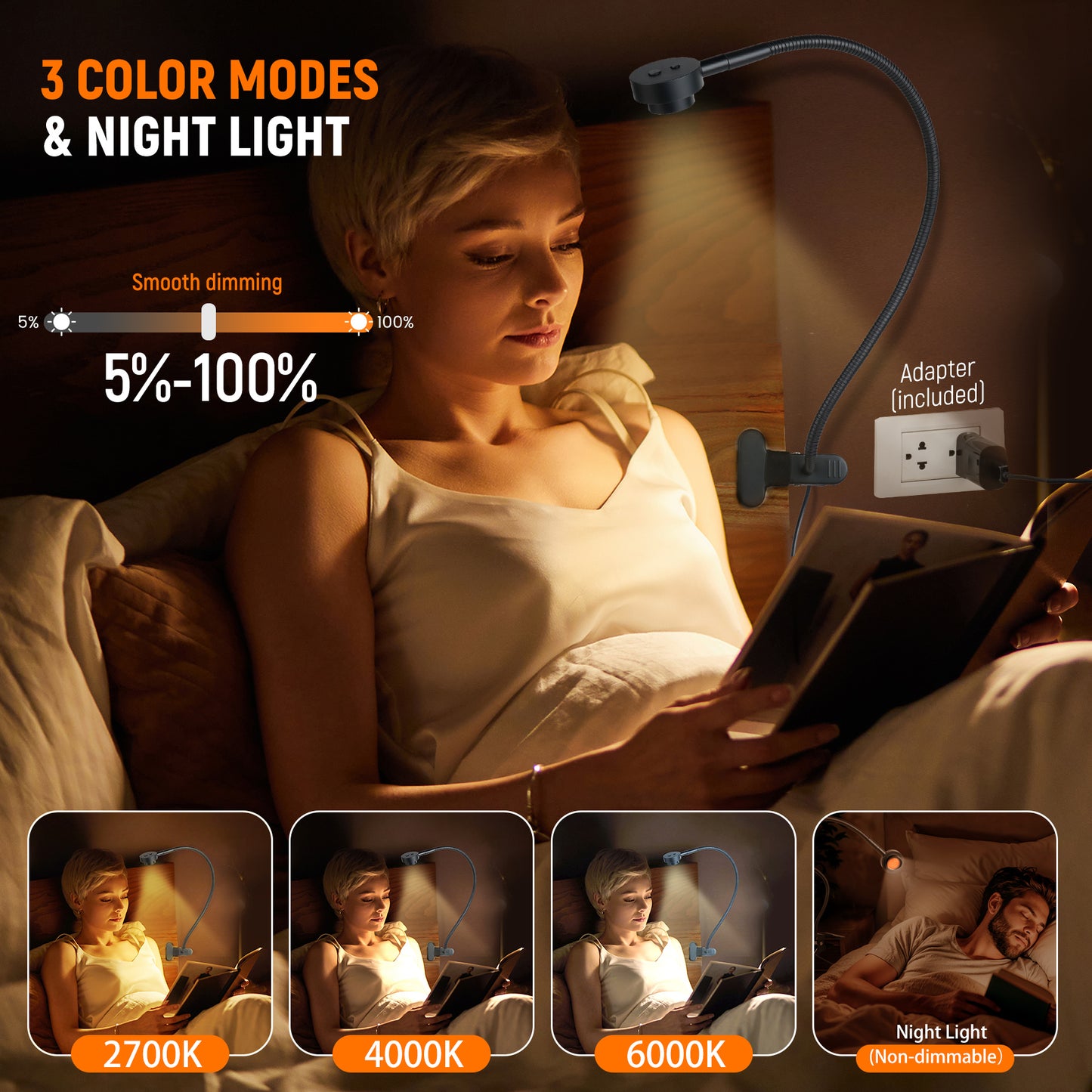 Clip On Reading Light, 3 Color Mode Dimmable LED Book Light, Flexible GooseneckEye-Care CRI95+,USB-C Adapter Included