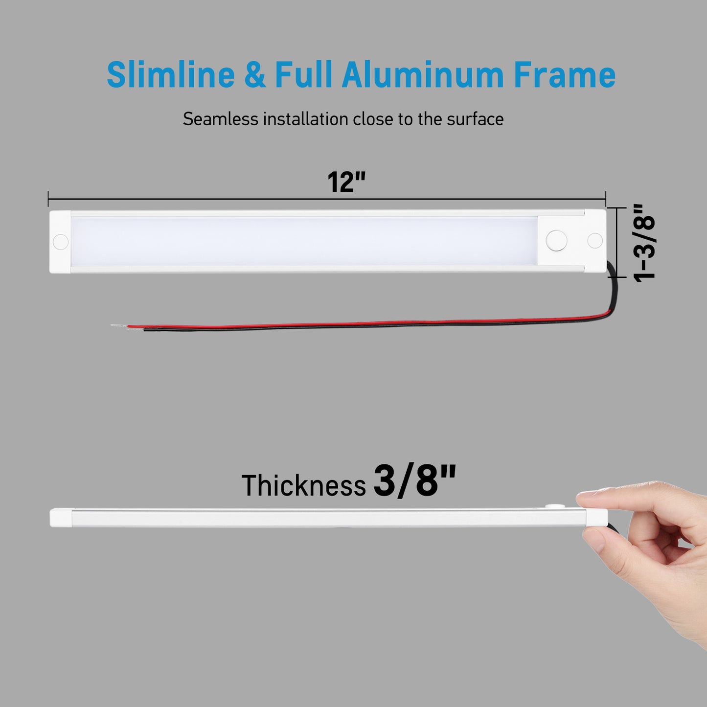 RV Dimmable 12V Under Cabinet LED Lighting Linear Light Bar with Integral Dimming Switch & Red Light, Screw Mount Hard-Wired CRI90+ 12 Inches 2 Pack