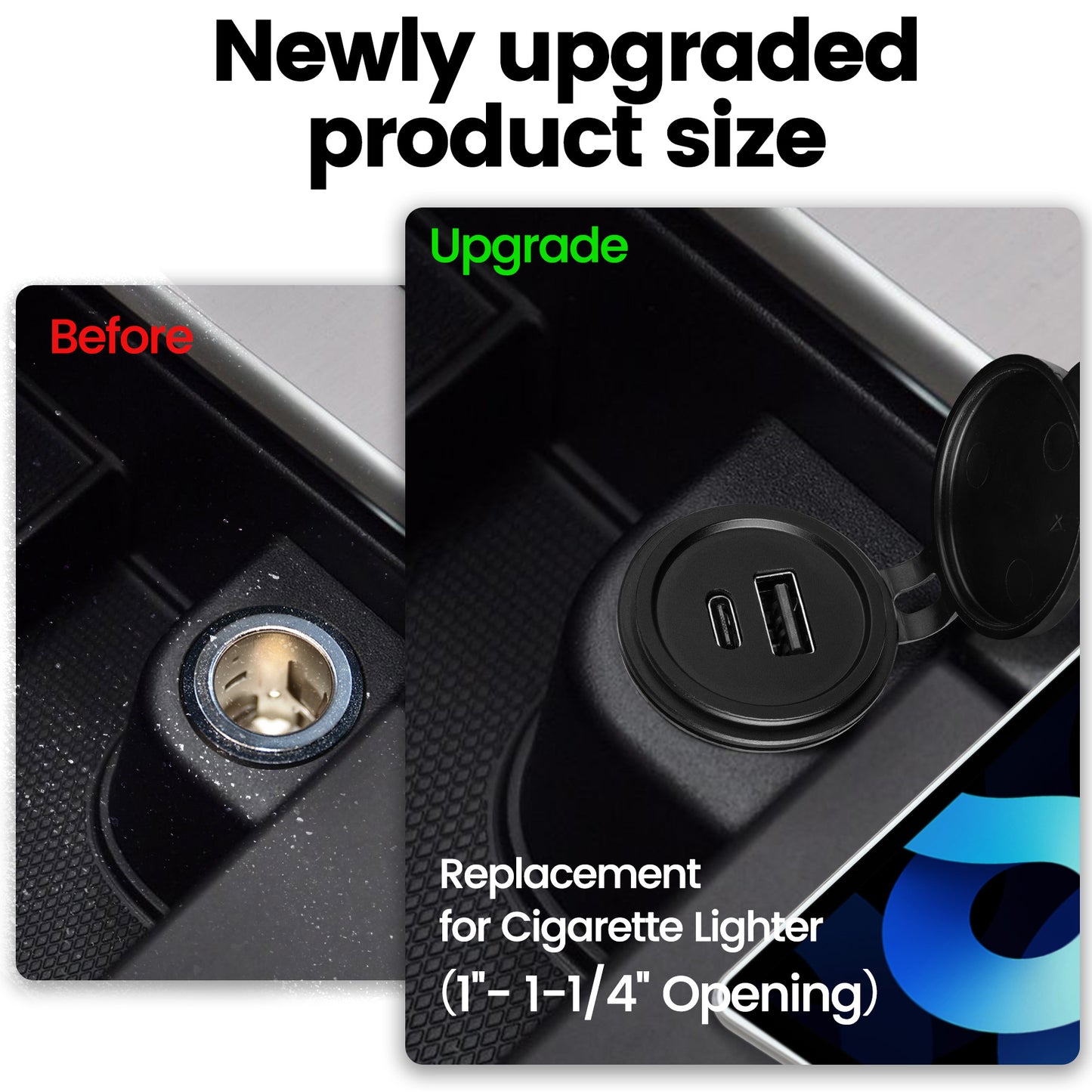 12V USB Outlet 30W PD USB-C & 18W QC3.0 Aluminum Car Charger, Hole 1"(25mm)