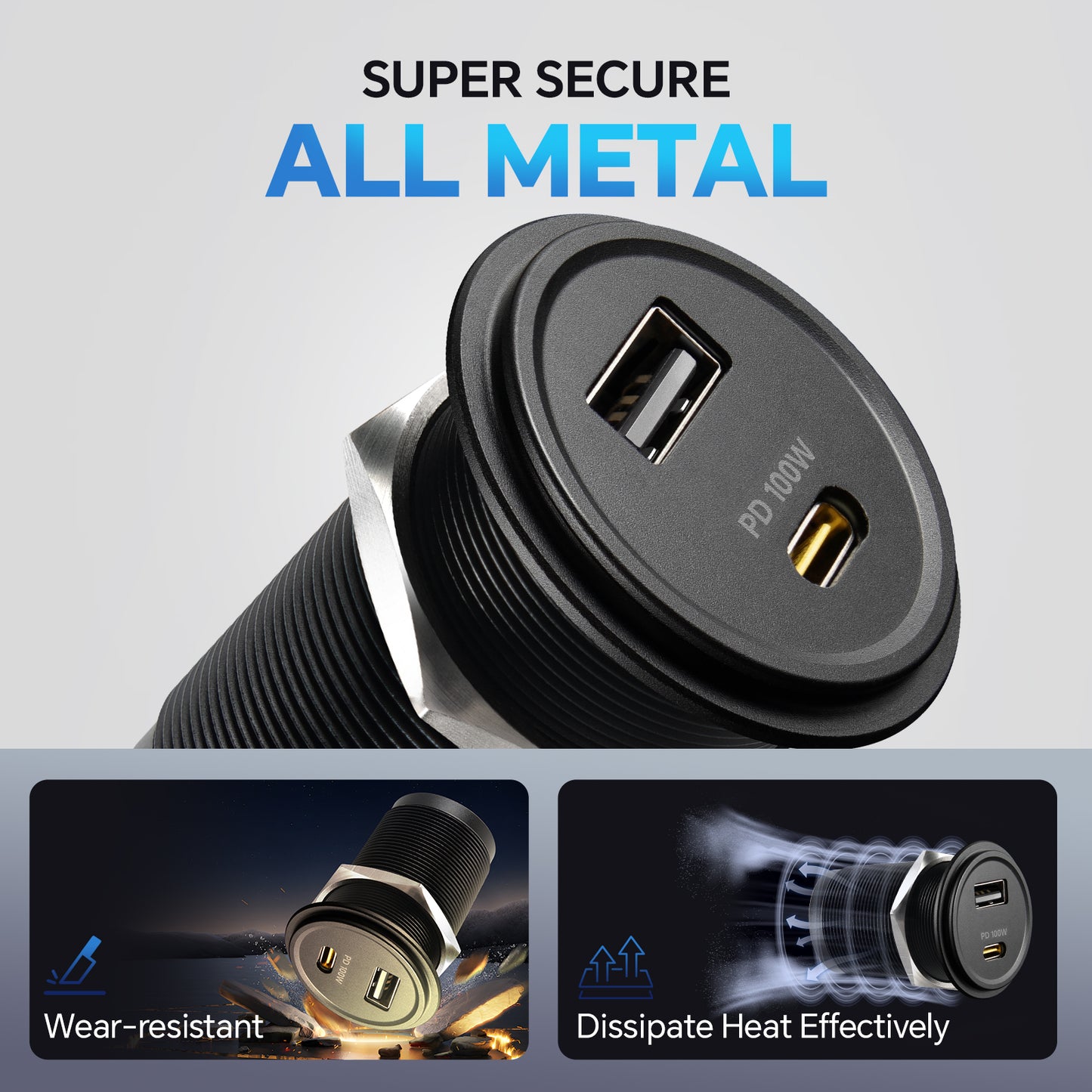 118W 12V USB Socket Aluminum Outlet, 100W PD3.0 USB-C & 18W QC3.0 USB-A