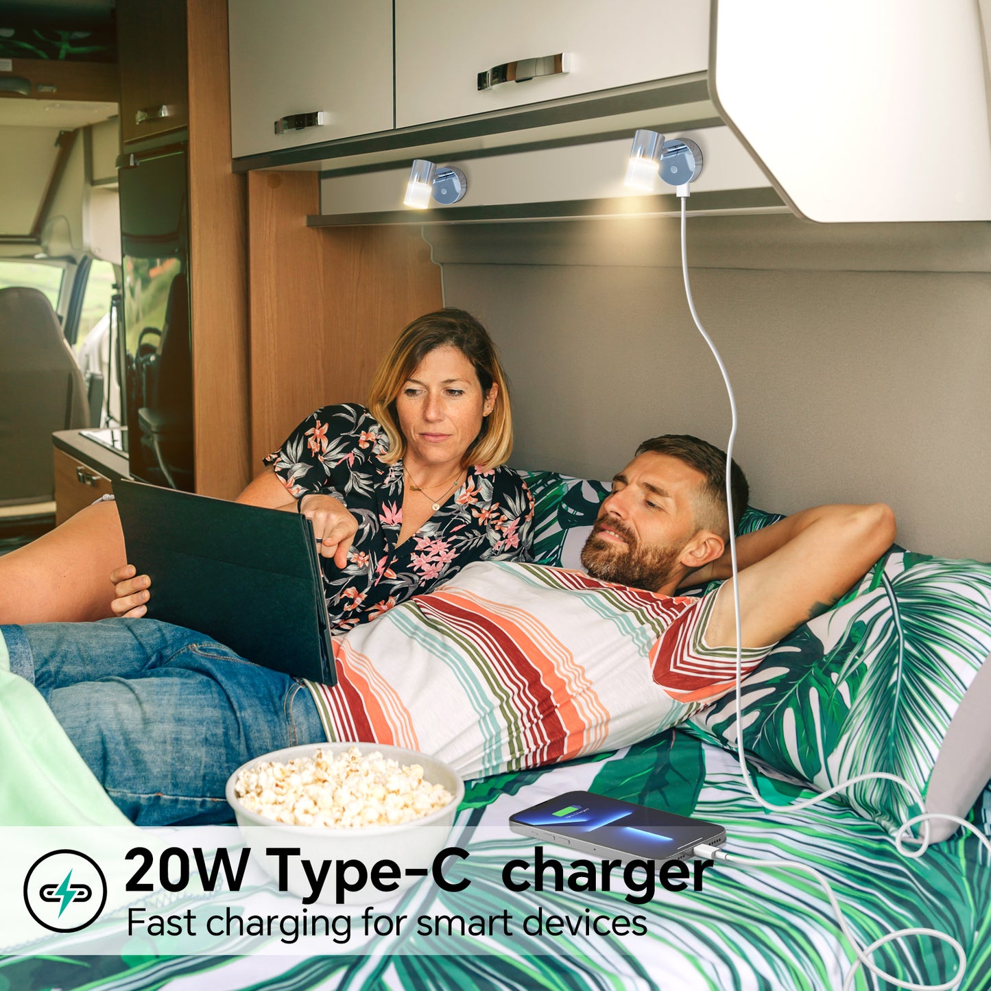 12V Reading Light RV 3200K/Red Night Light Built-in 20W Type-C Charger