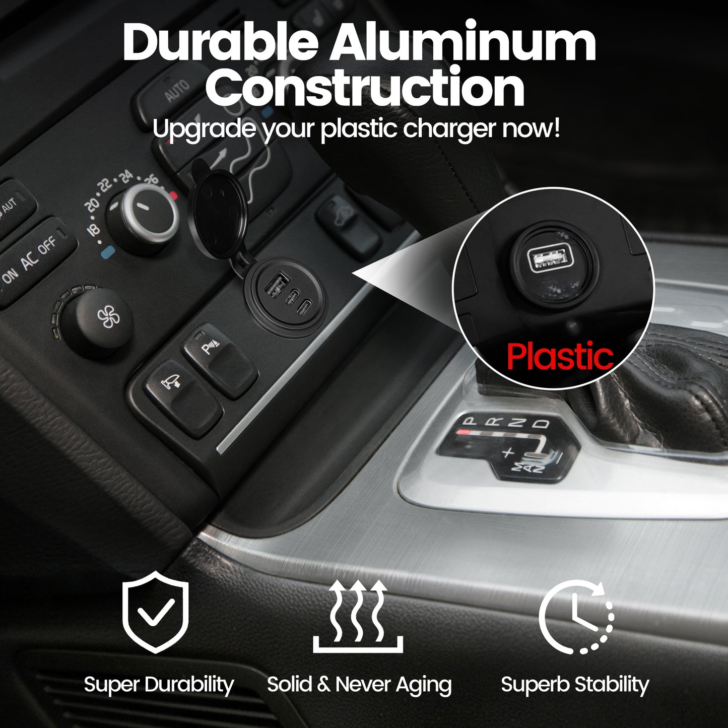 68W 3 Port 12V USB Outlet, Dual PD3.0 Type-C & QC3.0 USB Aluminum Car Charger, Multi Port USB