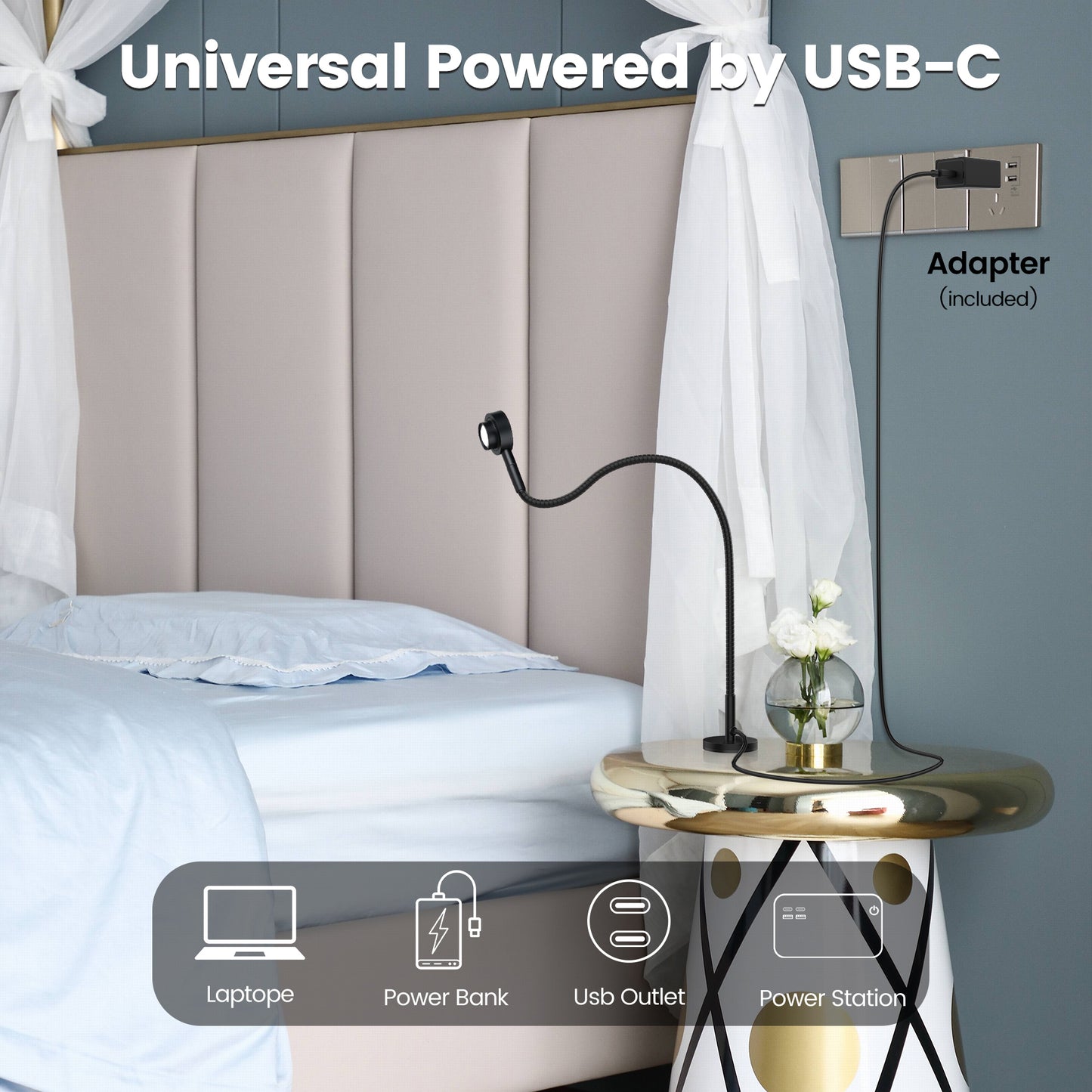 Flexible Reading Light,Book Light,Desk Lamp,Magnetic Base,3 Color Dimmable Gooseneck LED CRI95+ USB-C Adapter Included