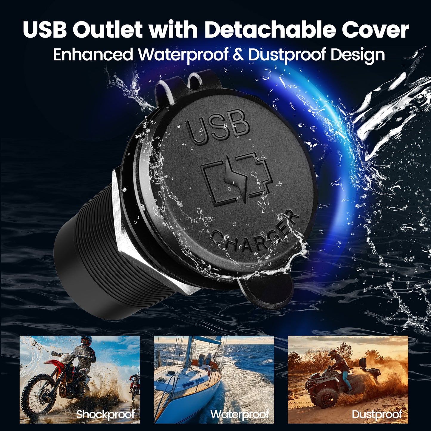 12V USB Outlet 30W PD USB-C & 18W QC3.0 Aluminum Car Charger, Hole 1"(25mm)