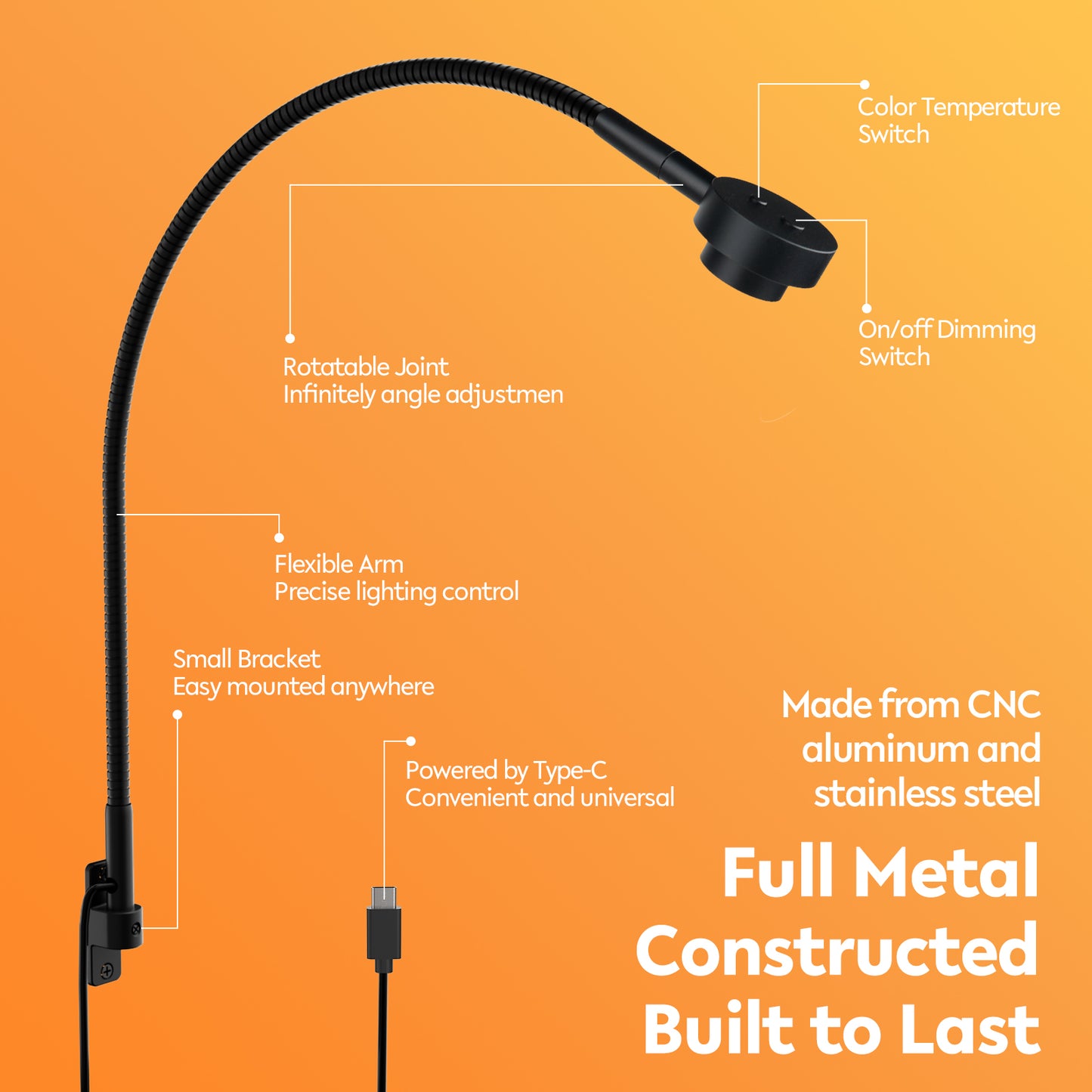 Bedside LED Reading Light, 2700K/4000K/6000K/Amber