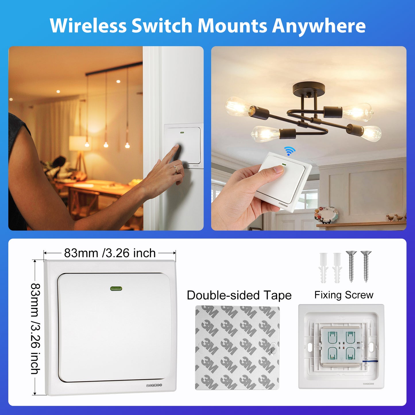 Acegoo Wireless Lights Switch Kit - Self-Powered Battery Free Transmitter with Receiver Remote Control House Lighting & Appliances (Switch, Receiver Included) 10A