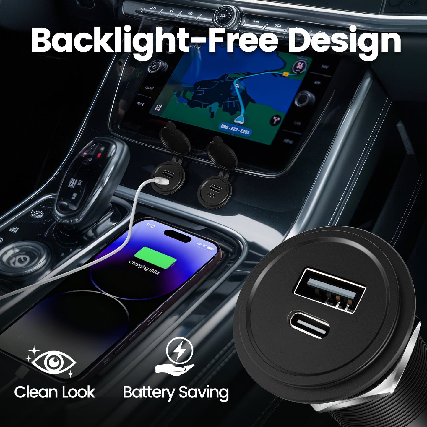 12V USB Outlet 30W PD USB-C & 18W QC3.0 Aluminum Car Charger, Hole 1"(25mm)