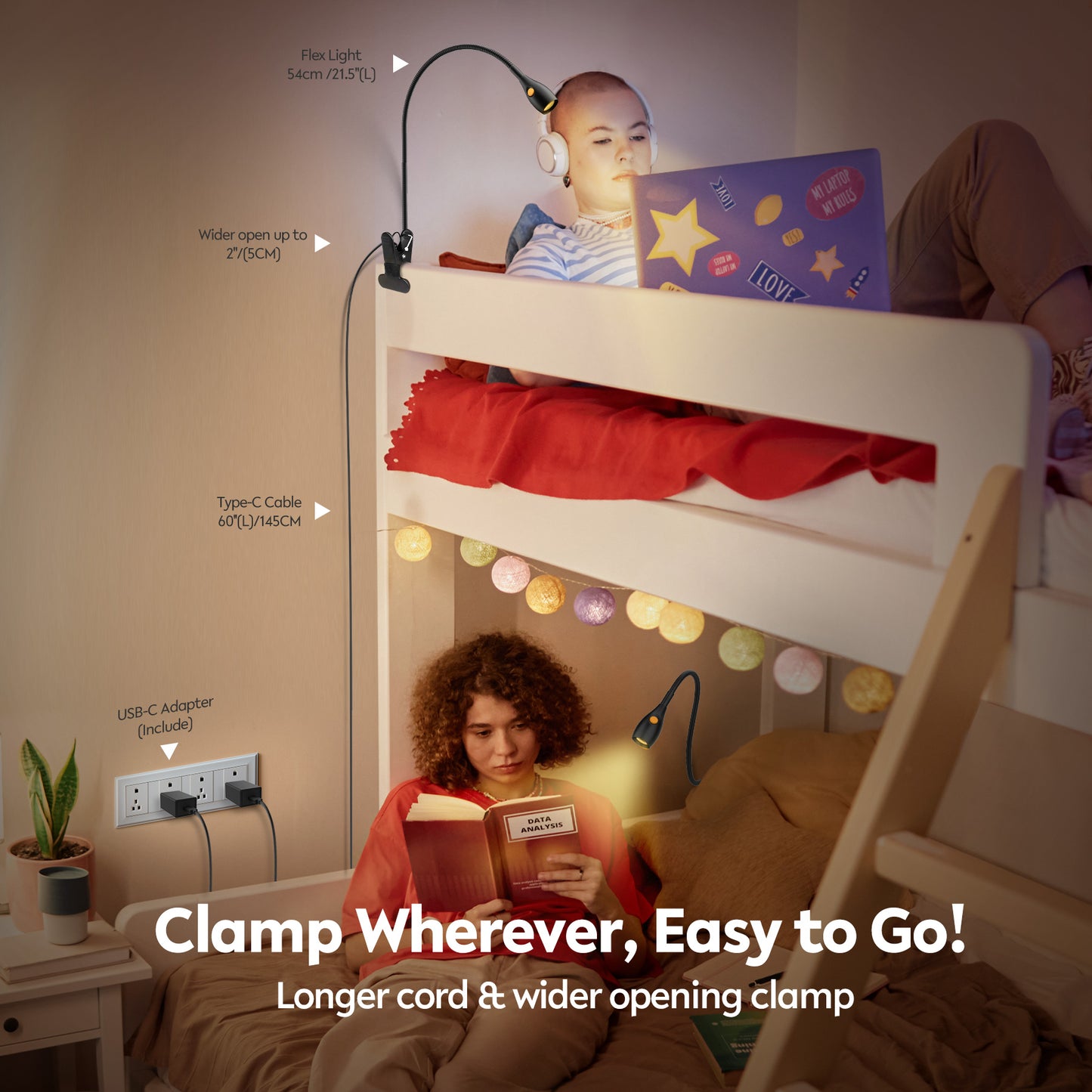 Reading Light for Clip on Lamp 3000K/Amber Light with USB-C Adapter