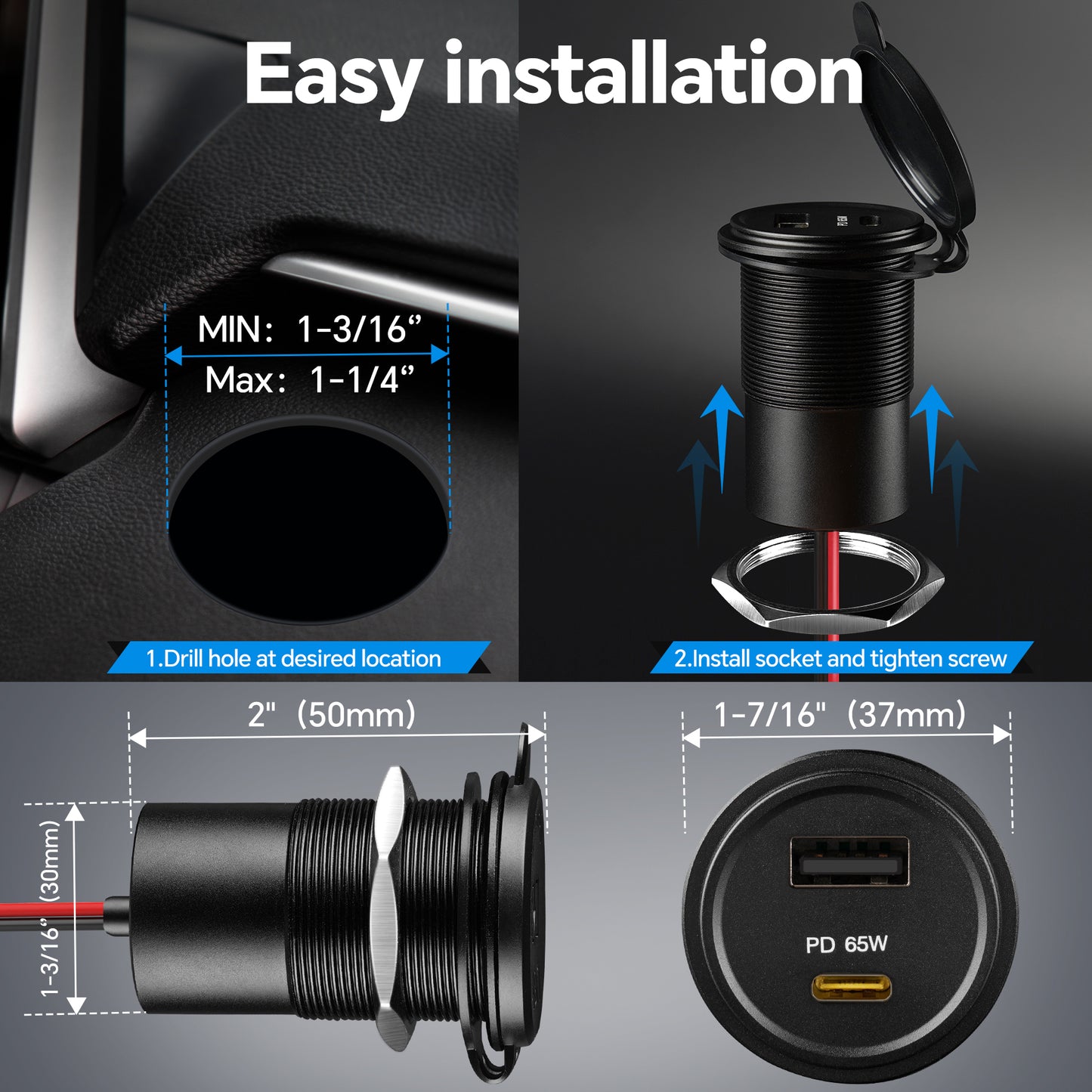 12V USB Socket 65W PD3.0 & 18W QC3.0, RV USB Outlet Aluminum Starlink mini Laptop Waterproof, Fast Charging for Marine Boat Bus Car Truck ATV Golf
