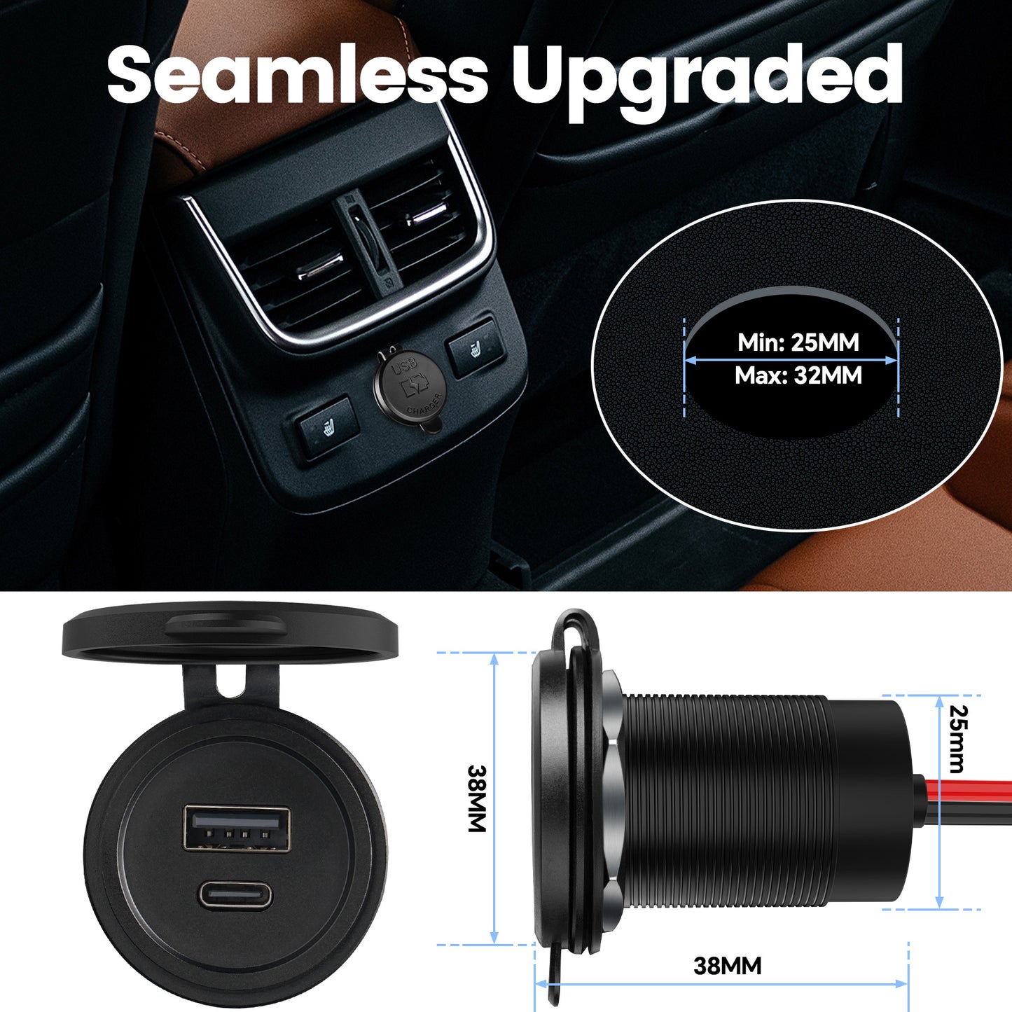 12V USB Outlet 30W PD USB-C & 18W QC3.0 Aluminum Car Charger, Hole 1"(25mm)