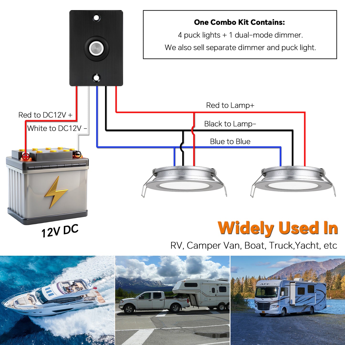 RV 3” Recessed Puck Light Kit, 12V Bi-color LED Downlight Full Aluminum for Boat Camper Van Trailer Motorhome, 3W CRI90+ Dual Color (12V Dimmer included)