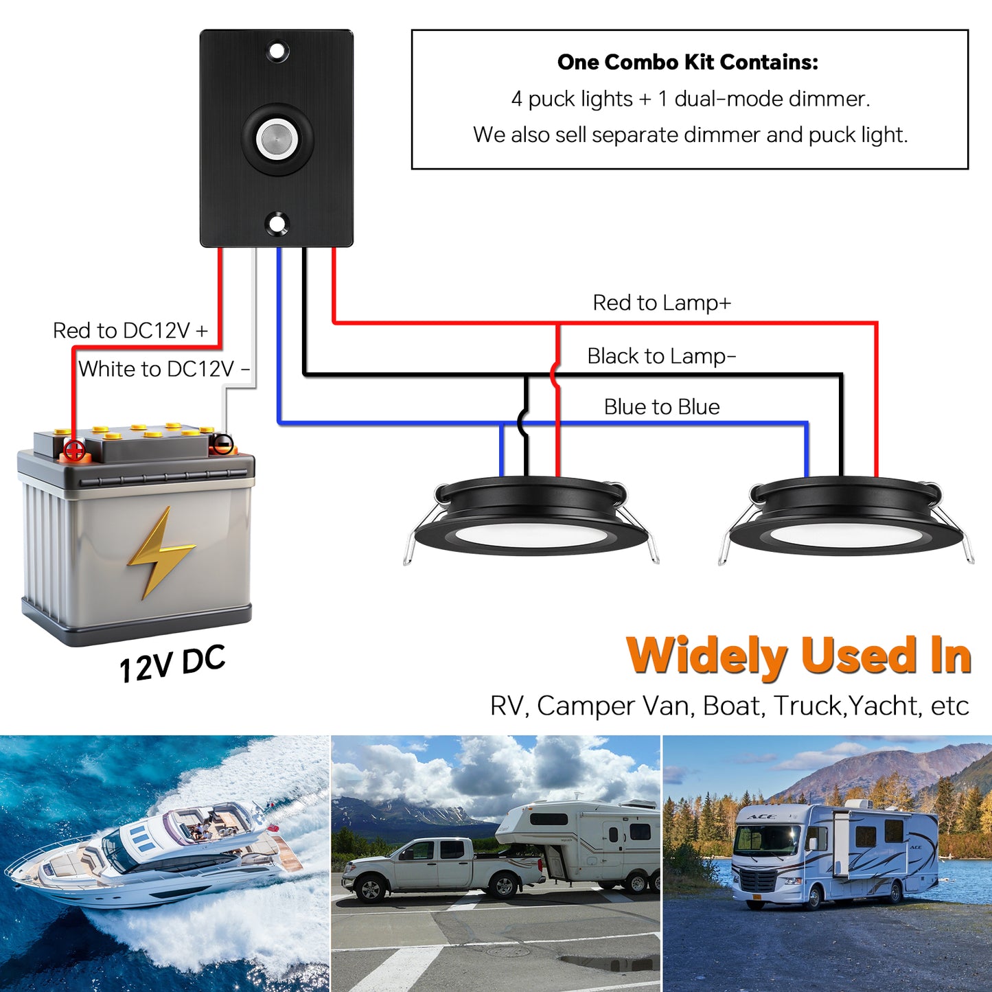 RV 3” Recessed Puck Light Kit, 12V Bi-color LED Downlight Full Aluminum for Boat Camper Van Trailer Motorhome, 3W CRI90+ Dual Color (12V Dimmer included)